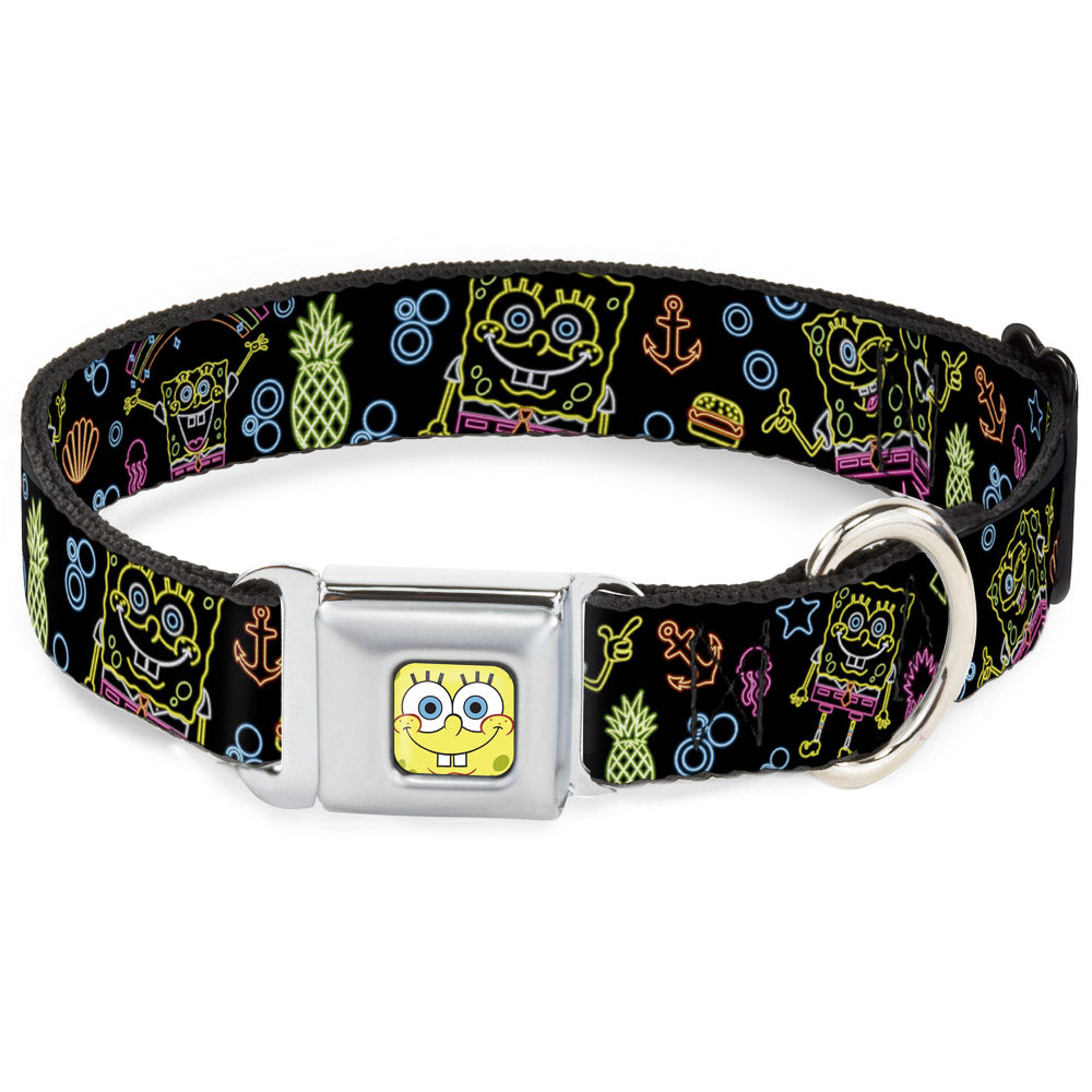 SpongeBob Face CLOSE-UP Full Color Seatbelt Buckle Collar - Electric SpongeBob Poses/Elements Black/Multi Color Seatbelt Buckle Collars SpongeBob SquarePants
