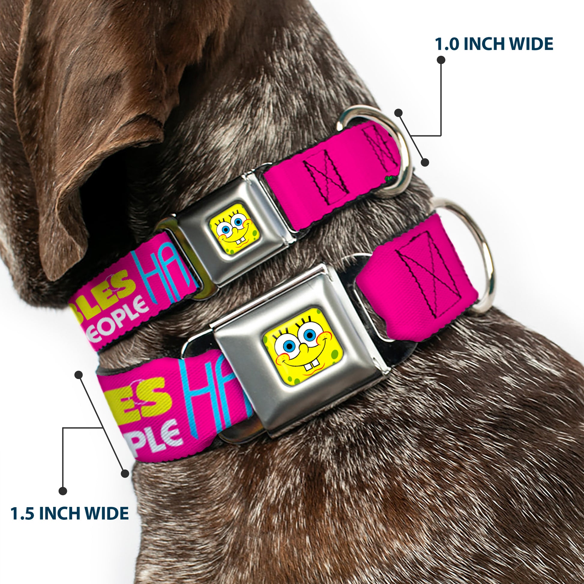 SpongeBob Face CLOSE-UP Full Color Seatbelt Buckle Collar - Patrick Starfish Pose BUBBLES MAKE PEOPLE HAPPY Pink/Yellow/White/Blue Seatbelt Buckle Collars SpongeBob SquarePants