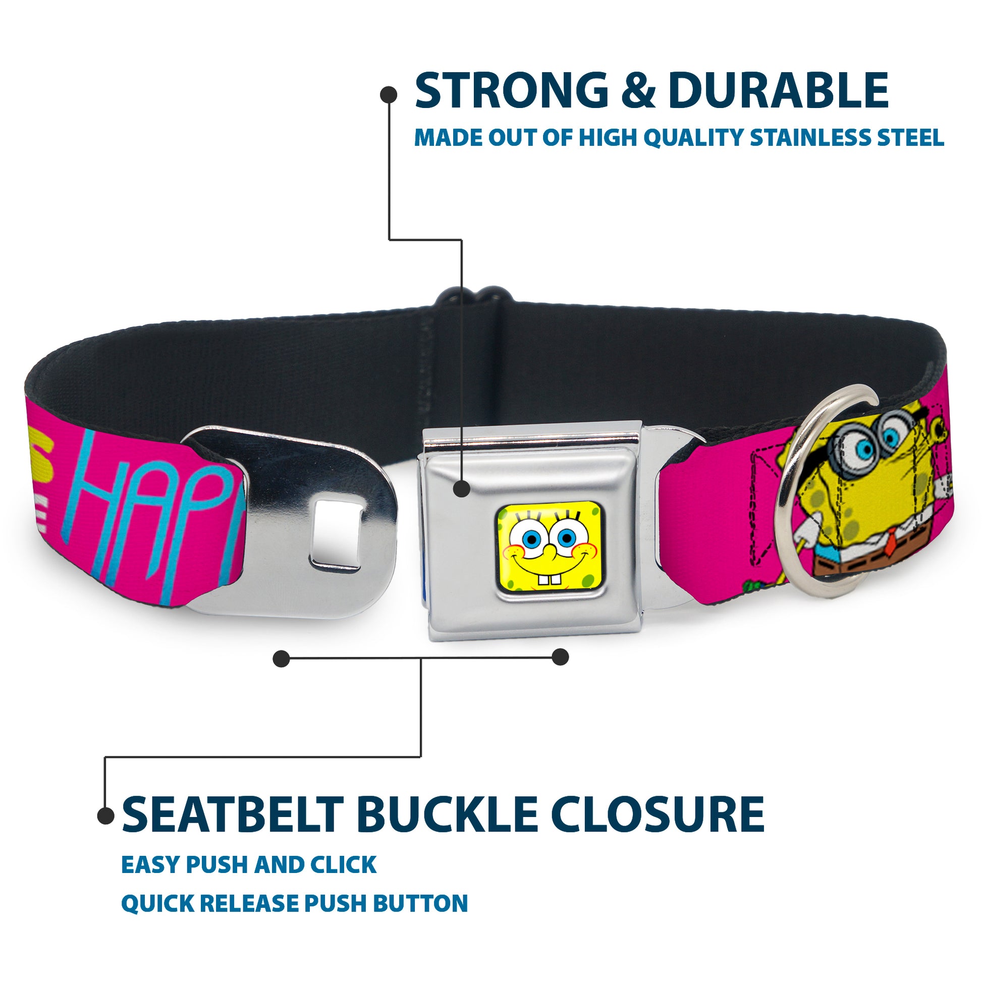 SpongeBob Face CLOSE-UP Full Color Seatbelt Buckle Collar - Patrick Starfish Pose BUBBLES MAKE PEOPLE HAPPY Pink/Yellow/White/Blue Seatbelt Buckle Collars SpongeBob SquarePants