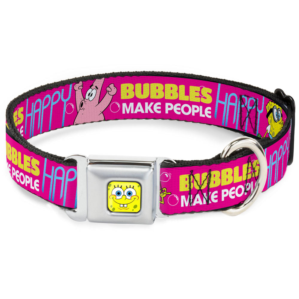 SpongeBob Face CLOSE-UP Full Color Seatbelt Buckle Collar - Patrick Starfish Pose BUBBLES MAKE PEOPLE HAPPY Pink/Yellow/White/Blue Seatbelt Buckle Collars SpongeBob SquarePants