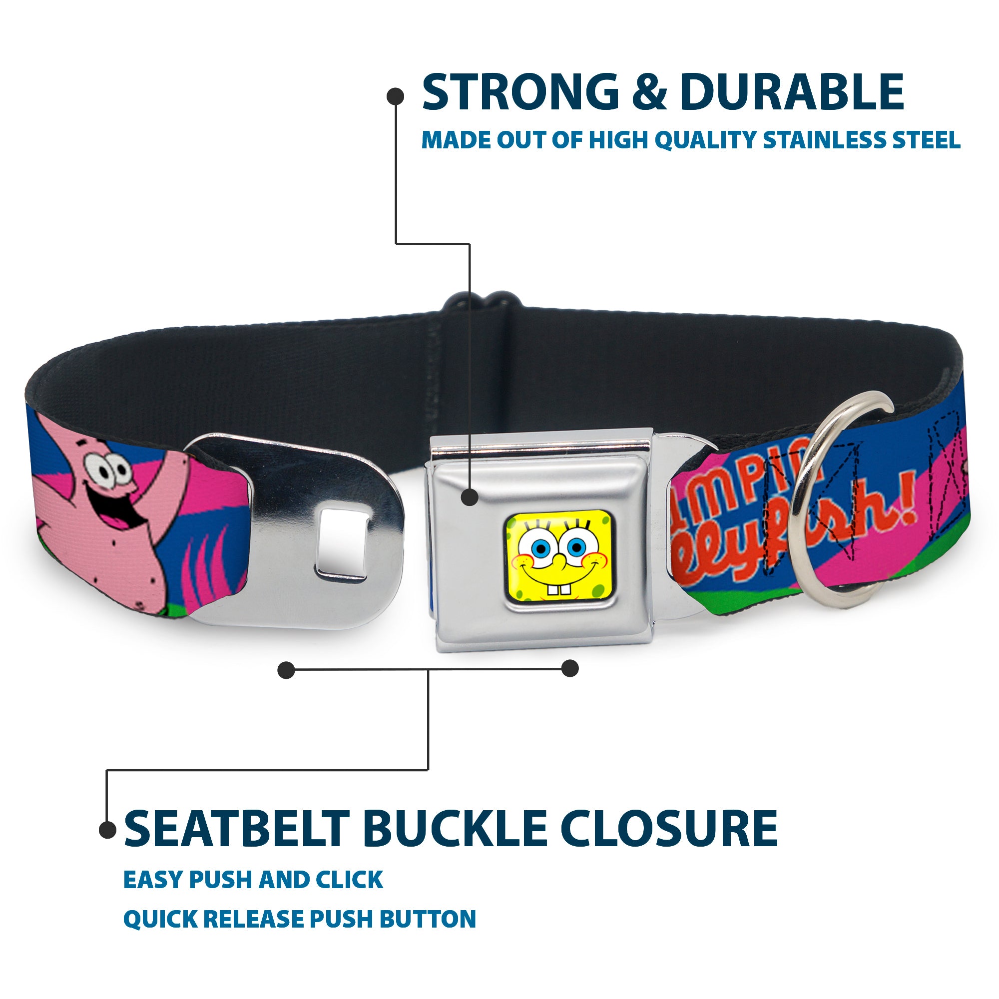 SpongeBob Face CLOSE-UP Full Color Seatbelt Buckle Collar - Nerd SpongeBob & Patrick Starfish Running JUMPIN' JELLYFISH! Multi Color/Red Seatbelt Buckle Collars SpongeBob SquarePants
