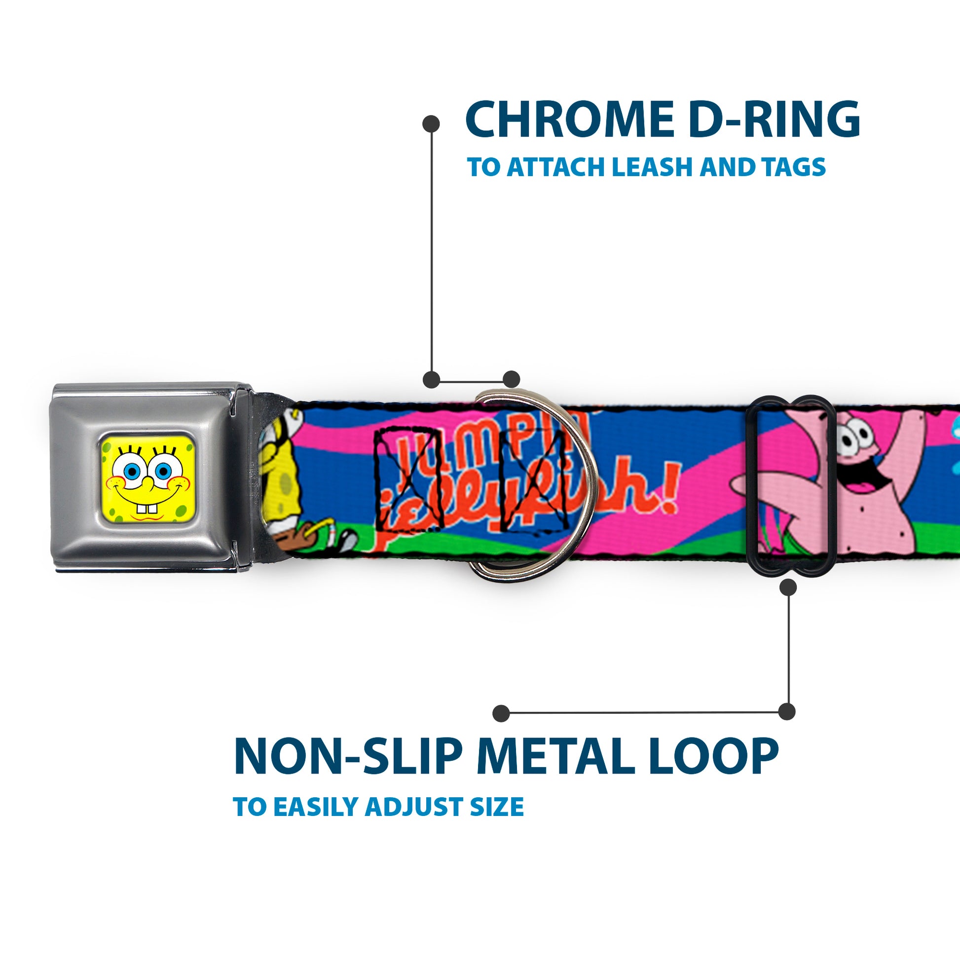 SpongeBob Face CLOSE-UP Full Color Seatbelt Buckle Collar - Nerd SpongeBob & Patrick Starfish Running JUMPIN' JELLYFISH! Multi Color/Red Seatbelt Buckle Collars SpongeBob SquarePants