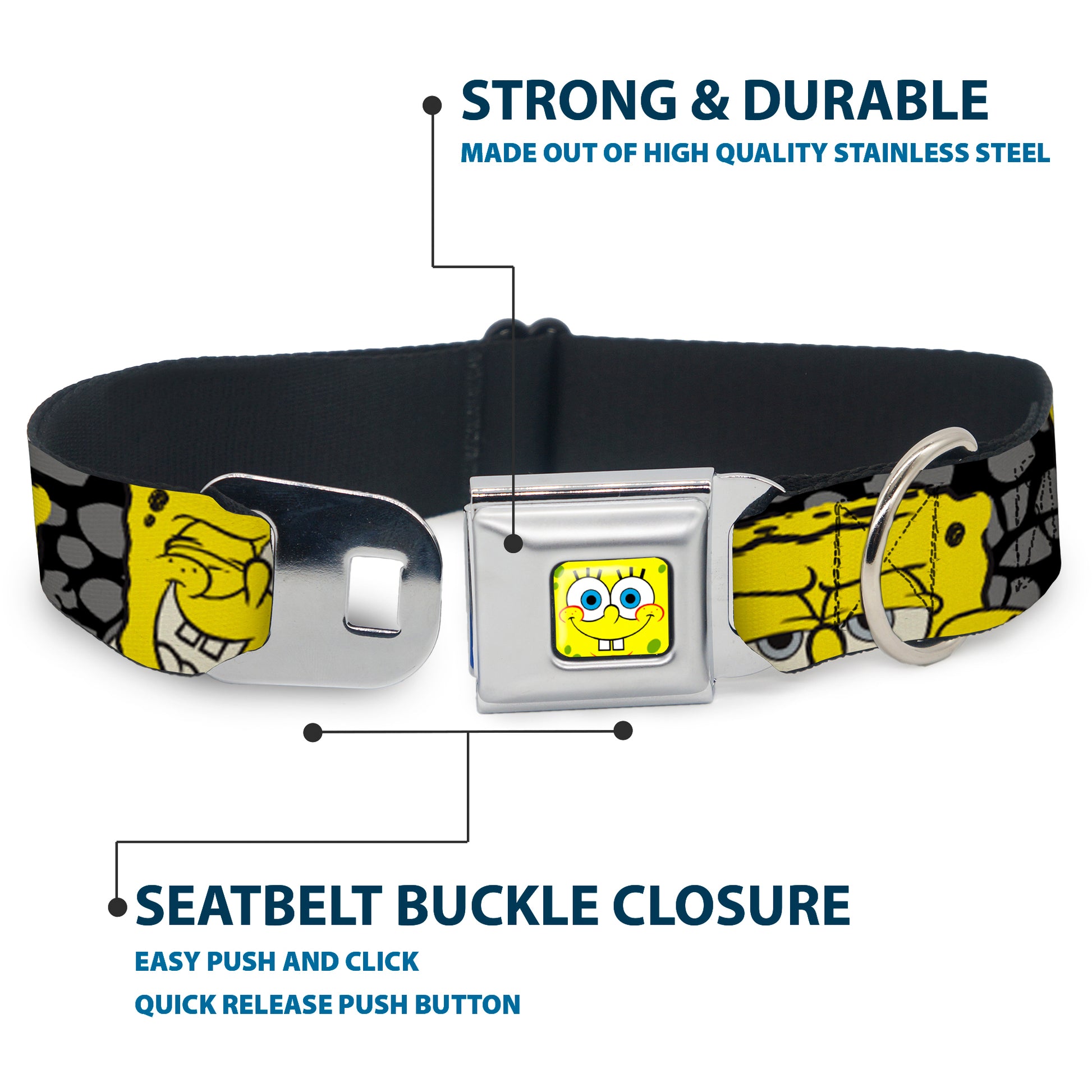SpongeBob Face CLOSE-UP Full Color Seatbelt Buckle Collar - SpongeBob 4-CLOSE-UP Expressions/Crackle Black/Gray/Yellow Seatbelt Buckle Collars SpongeBob SquarePants