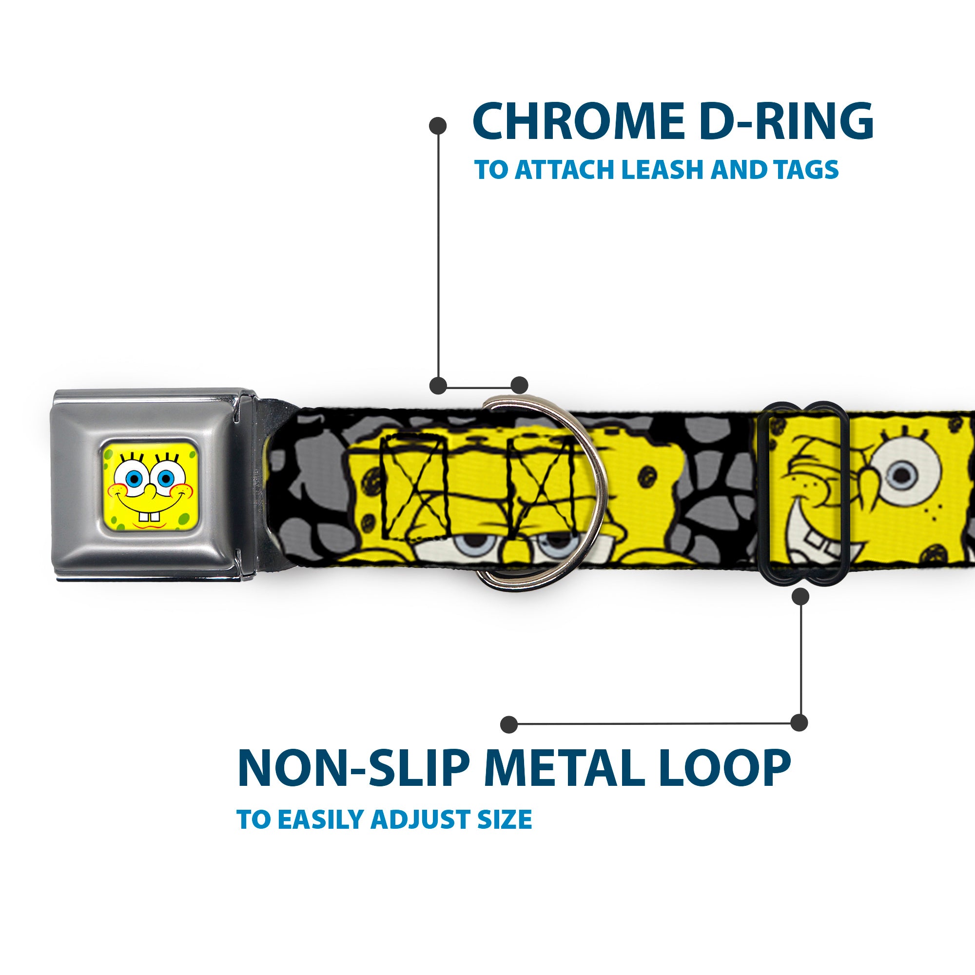 SpongeBob Face CLOSE-UP Full Color Seatbelt Buckle Collar - SpongeBob 4-CLOSE-UP Expressions/Crackle Black/Gray/Yellow Seatbelt Buckle Collars SpongeBob SquarePants