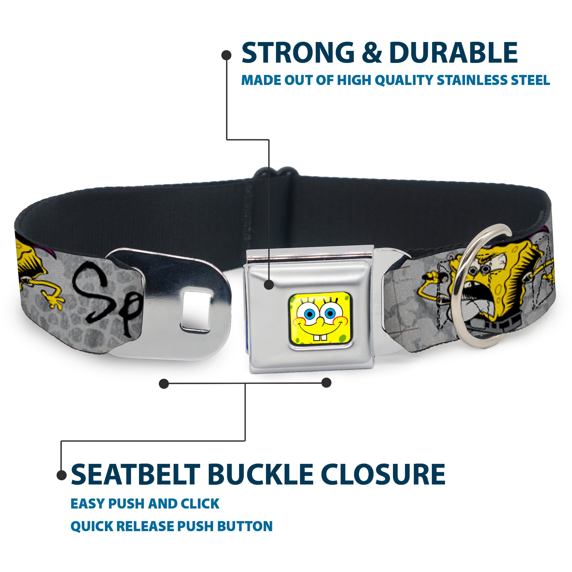 SpongeBob Face CLOSE-UP Full Color Seatbelt Buckle Collar - SpongeBob 3-Poses SPONGEITUDE Grays/Black Seatbelt Buckle Collars SpongeBob SquarePants