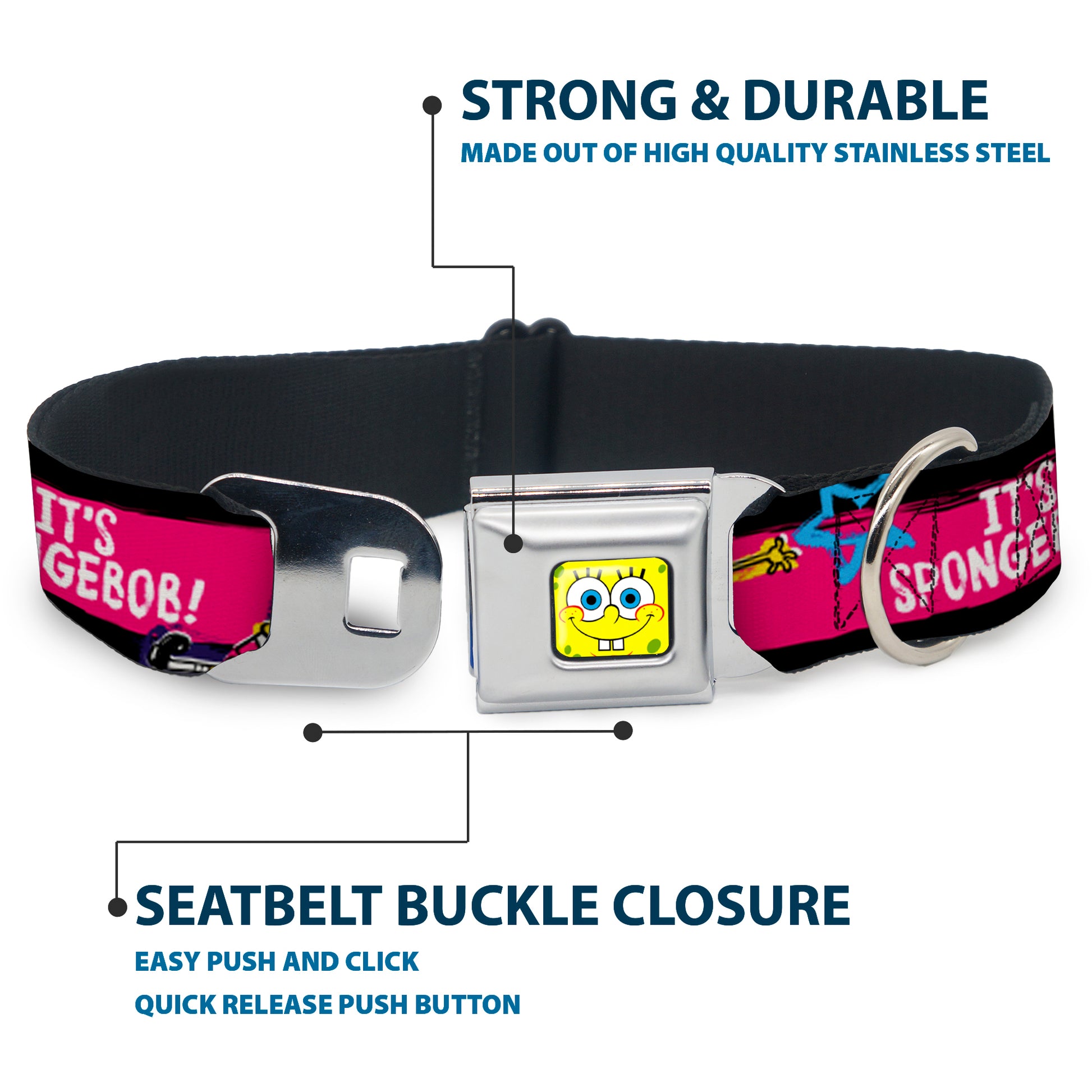 SpongeBob Face CLOSE-UP Full Color Seatbelt Buckle Collar - SpongeBob Pose IT'S SPONGEBOB! Stripe Black/Pink/Blue/White Seatbelt Buckle Collars SpongeBob SquarePants