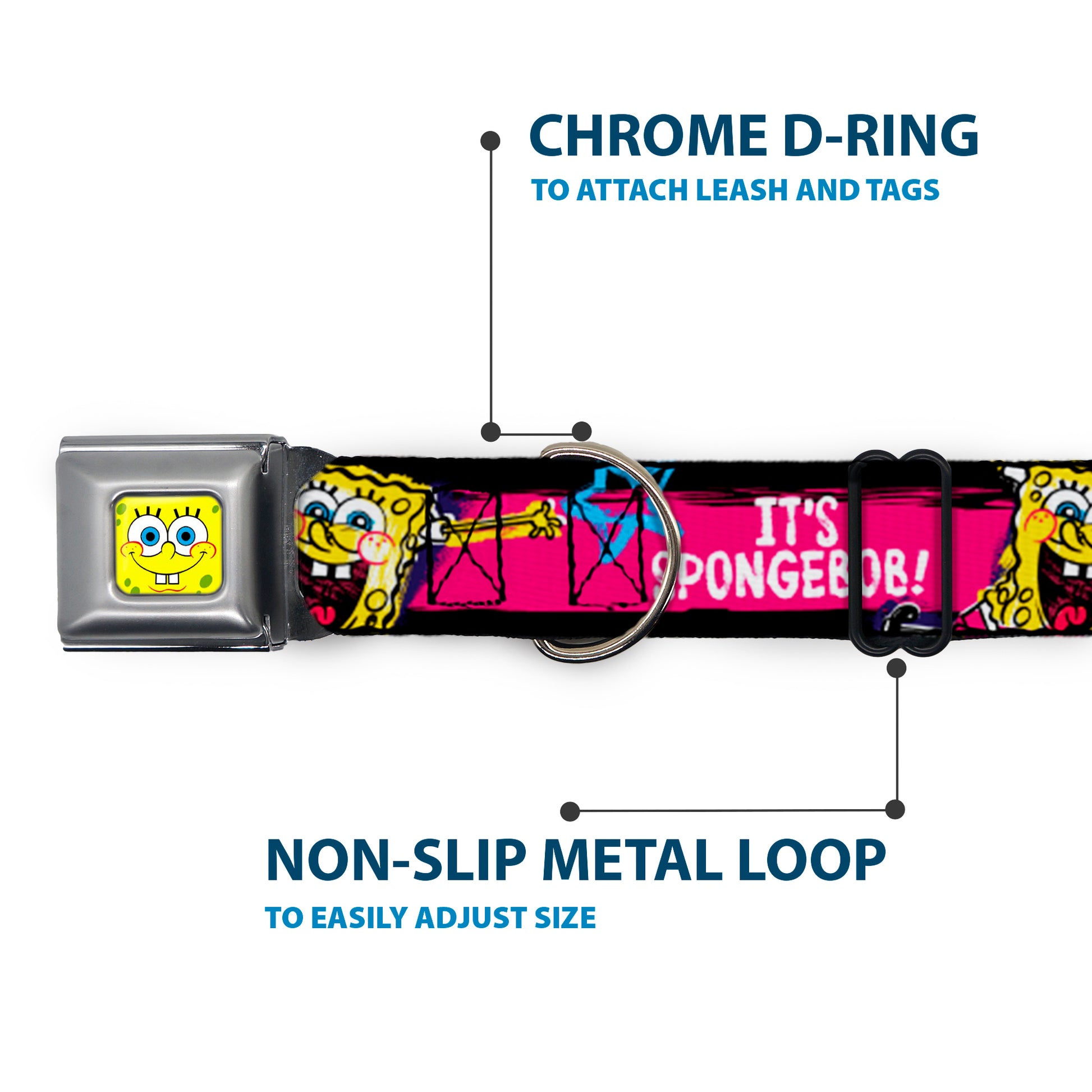 SpongeBob Face CLOSE-UP Full Color Seatbelt Buckle Collar - SpongeBob Pose IT'S SPONGEBOB! Stripe Black/Pink/Blue/White Seatbelt Buckle Collars SpongeBob SquarePants