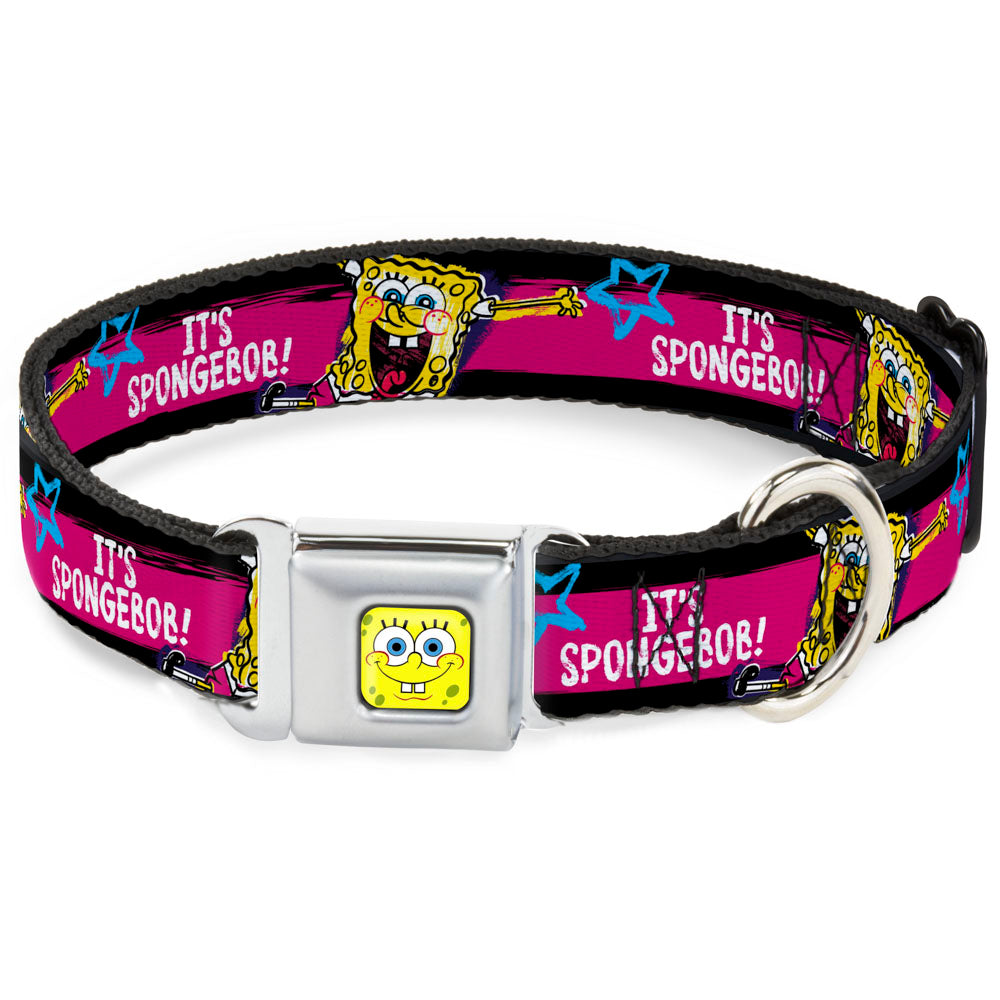 SpongeBob Face CLOSE-UP Full Color Seatbelt Buckle Collar - SpongeBob Pose IT'S SPONGEBOB! Stripe Black/Pink/Blue/White Seatbelt Buckle Collars SpongeBob SquarePants