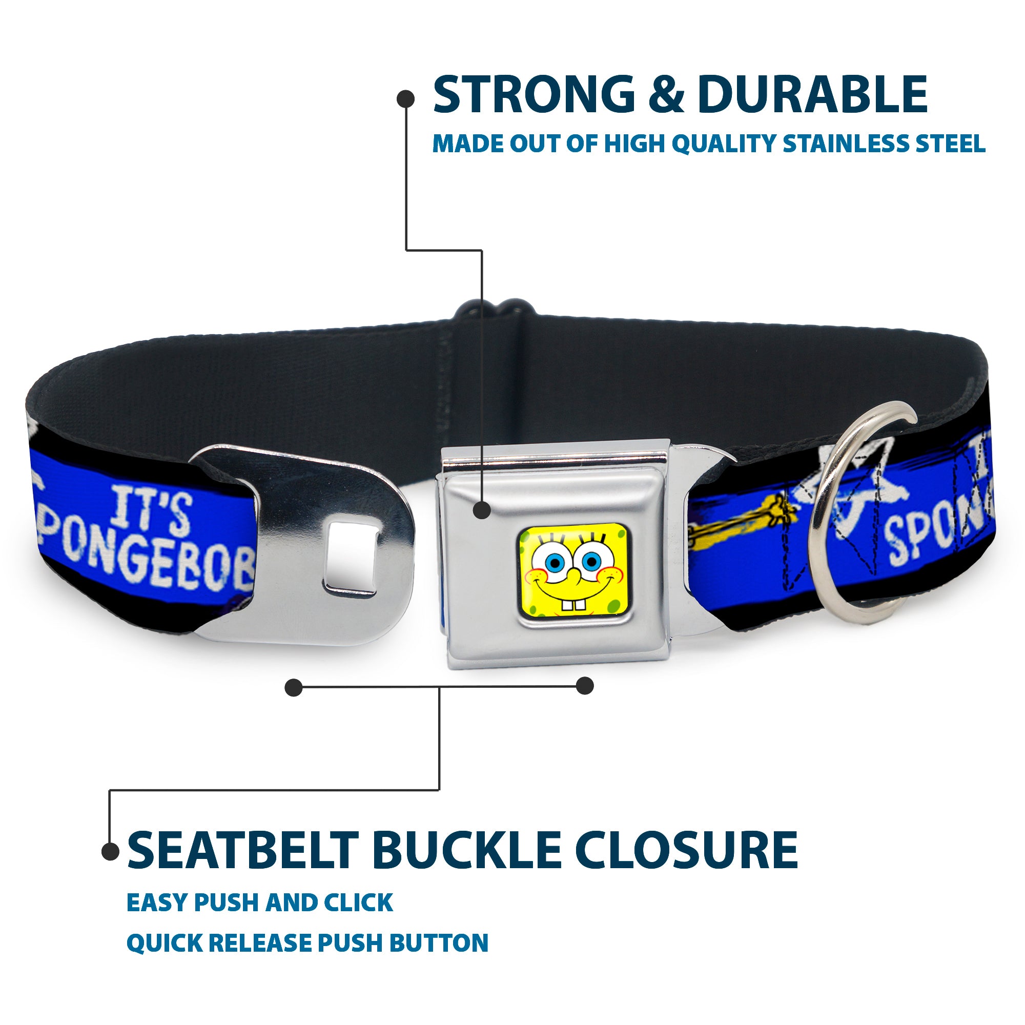 SpongeBob Face CLOSE-UP Full Color Seatbelt Buckle Collar - SpongeBob Pose IT'S SPONGEBOB! Stripe Black/Blue/White Seatbelt Buckle Collars SpongeBob SquarePants