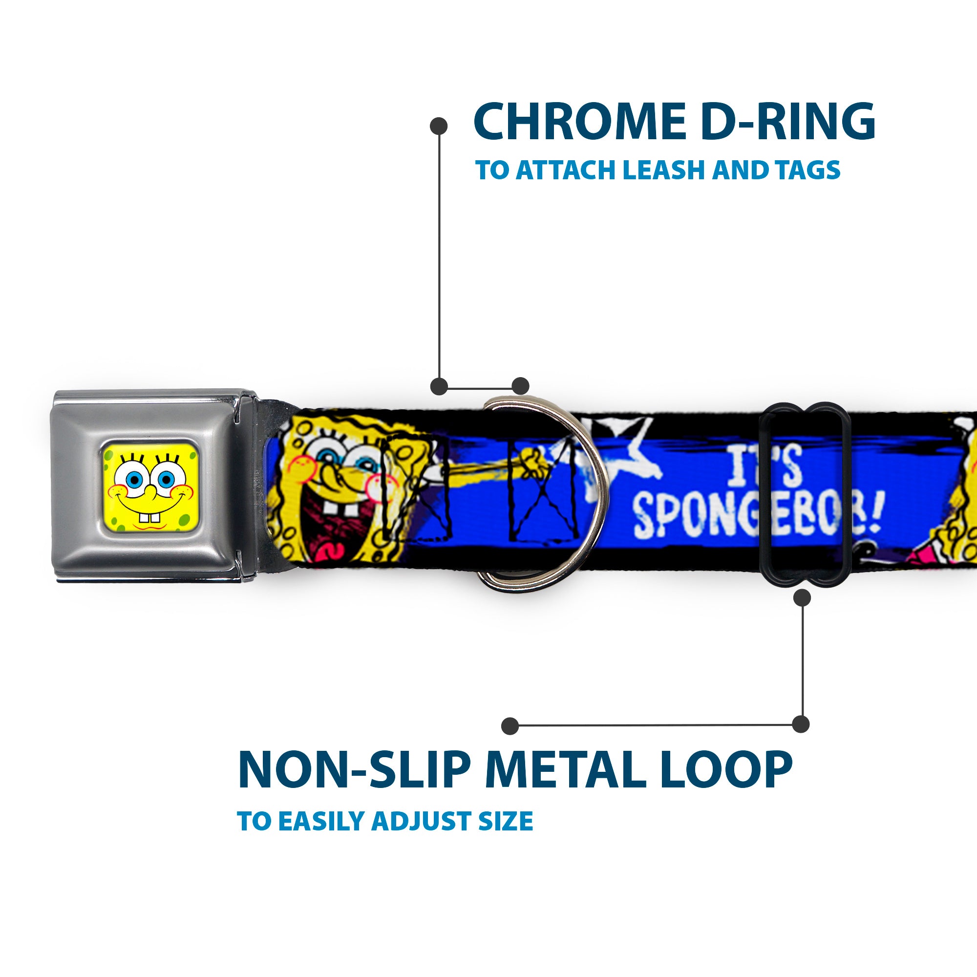 SpongeBob Face CLOSE-UP Full Color Seatbelt Buckle Collar - SpongeBob Pose IT'S SPONGEBOB! Stripe Black/Blue/White Seatbelt Buckle Collars SpongeBob SquarePants