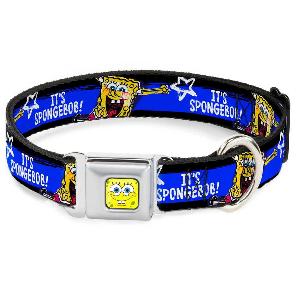 SpongeBob Face CLOSE-UP Full Color Seatbelt Buckle Collar - SpongeBob Pose IT'S SPONGEBOB! Stripe Black/Blue/White Seatbelt Buckle Collars SpongeBob SquarePants