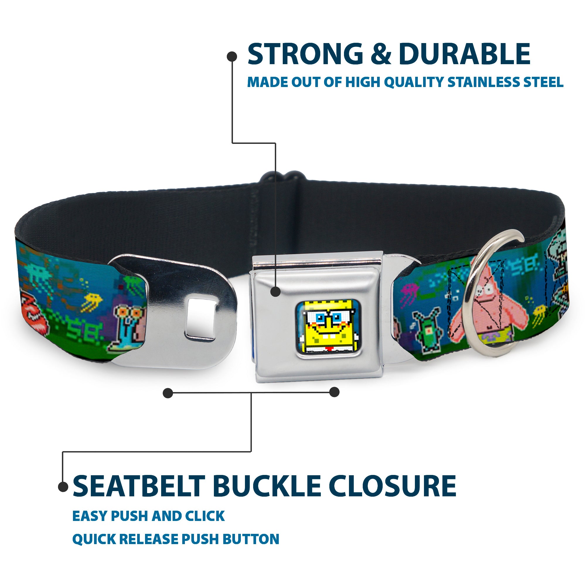 Pixelated SpongeBob Nerd Pose Full Color Blue Seatbelt Buckle Collar - SpongeBob & Friends 8-Bit Scene Seatbelt Buckle Collars SpongeBob SquarePants