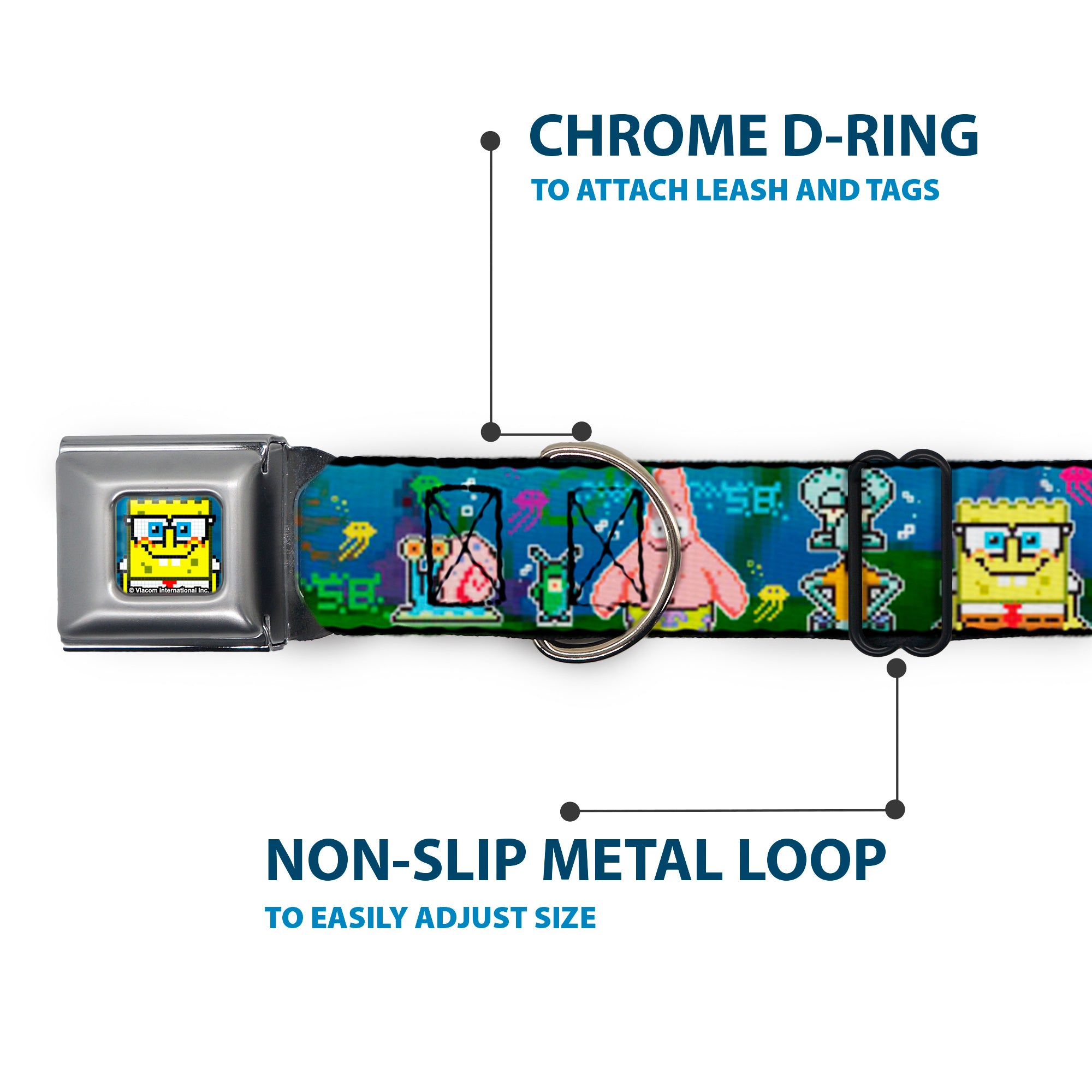 Pixelated SpongeBob Nerd Pose Full Color Blue Seatbelt Buckle Collar - SpongeBob & Friends 8-Bit Scene Seatbelt Buckle Collars SpongeBob SquarePants