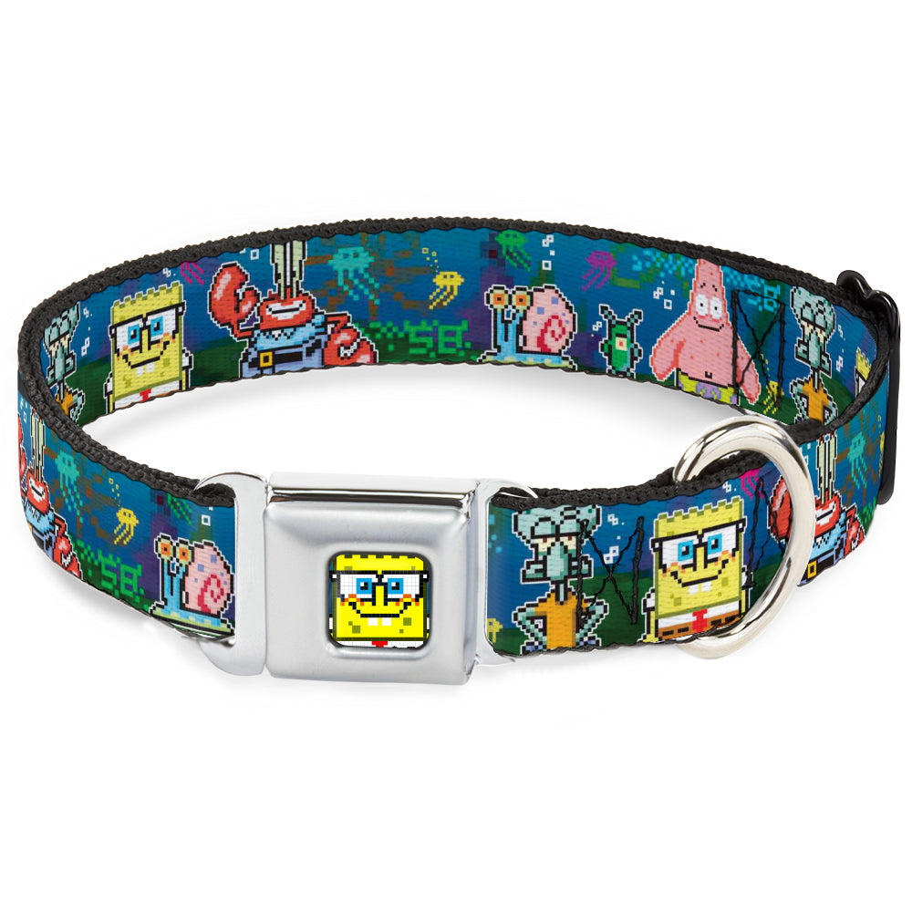 Pixelated SpongeBob Nerd Pose Full Color Blue Seatbelt Buckle Collar - SpongeBob & Friends 8-Bit Scene Seatbelt Buckle Collars SpongeBob SquarePants