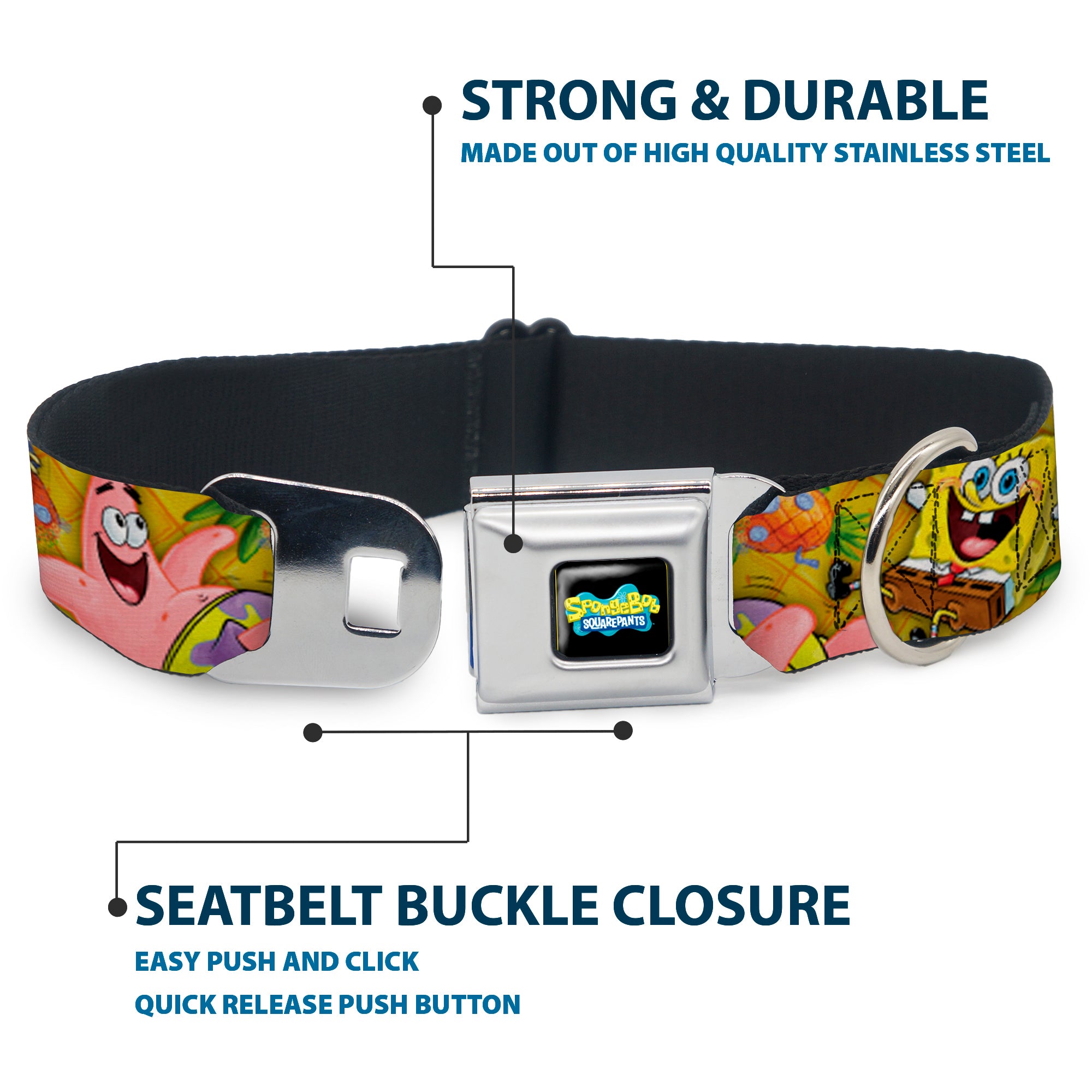 SpongeBob SquarePants Logo Full Color Black Seatbelt Buckle Collar - SpongeBob & Patrick Starfish Poses Pineapple Gold Seatbelt Buckle Collars SpongeBob SquarePants