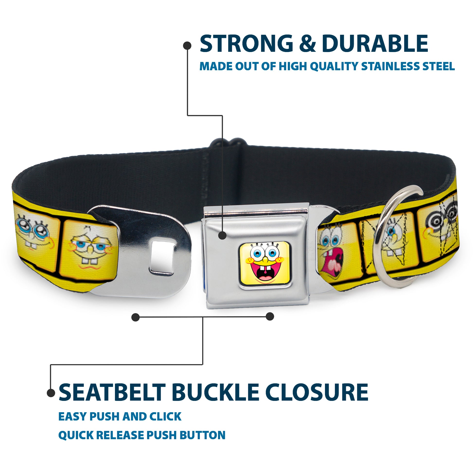 SpongeBob Open Mouth Smile Full Color Seatbelt Buckle Collar - SpongeBob 10-Expressions Filmstrip Yellows/Black/White Seatbelt Buckle Collars SpongeBob SquarePants