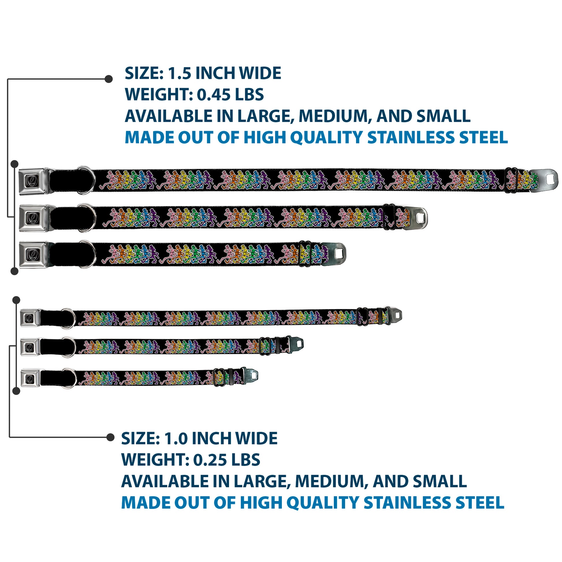 Steal Your Face Seatbelt Buckle Collar - Dancing Skeletons Black/Multi Color Seatbelt Buckle Collars Grateful Dead