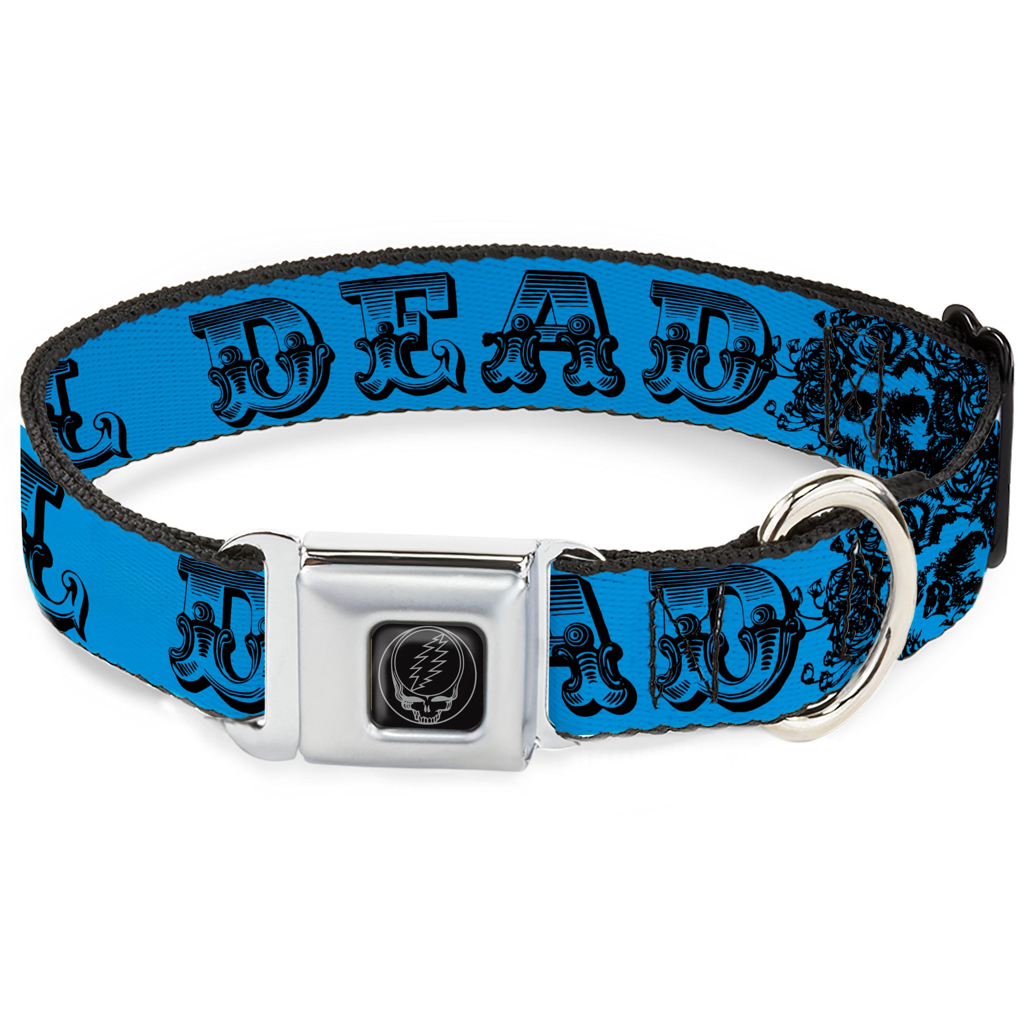 Steal Your Face Seatbelt Buckle Collar - Grateful Dead Text w/Skull & Roses Turquoise Seatbelt Buckle Collars Grateful Dead