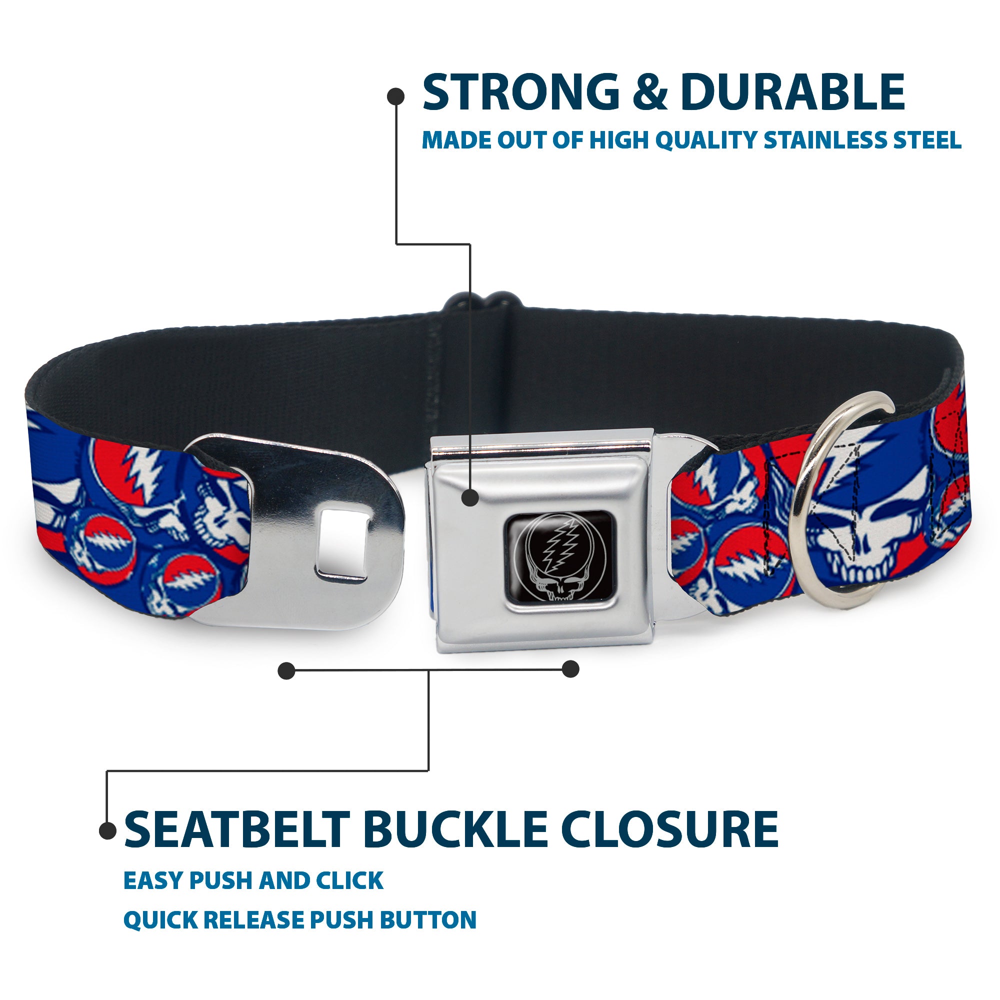 Steal Your Face Seatbelt Buckle Collar - Steal Your Face Stacked Red/White/Blue Seatbelt Buckle Collars Grateful Dead