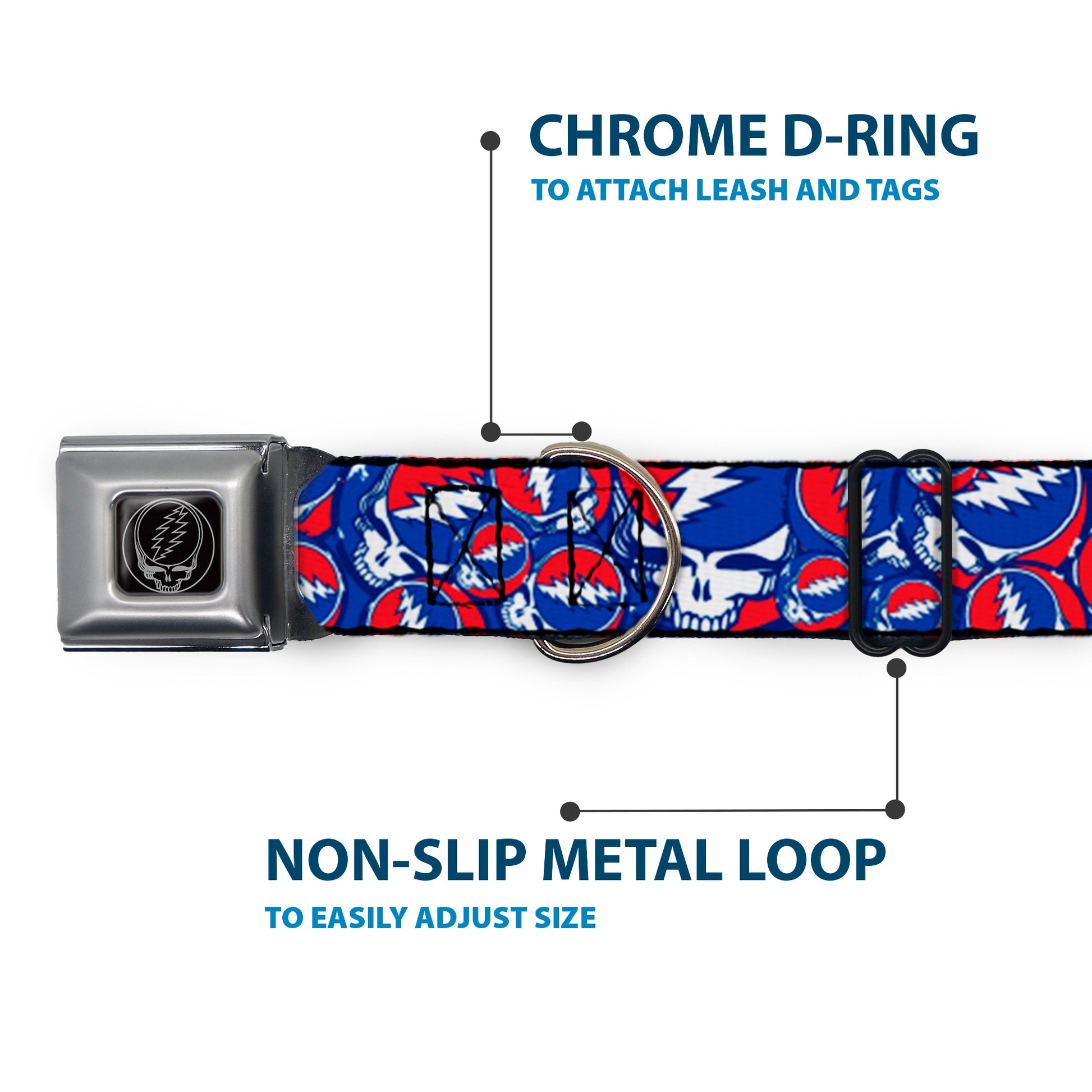 Steal Your Face Seatbelt Buckle Collar - Steal Your Face Stacked Red/White/Blue Seatbelt Buckle Collars Grateful Dead