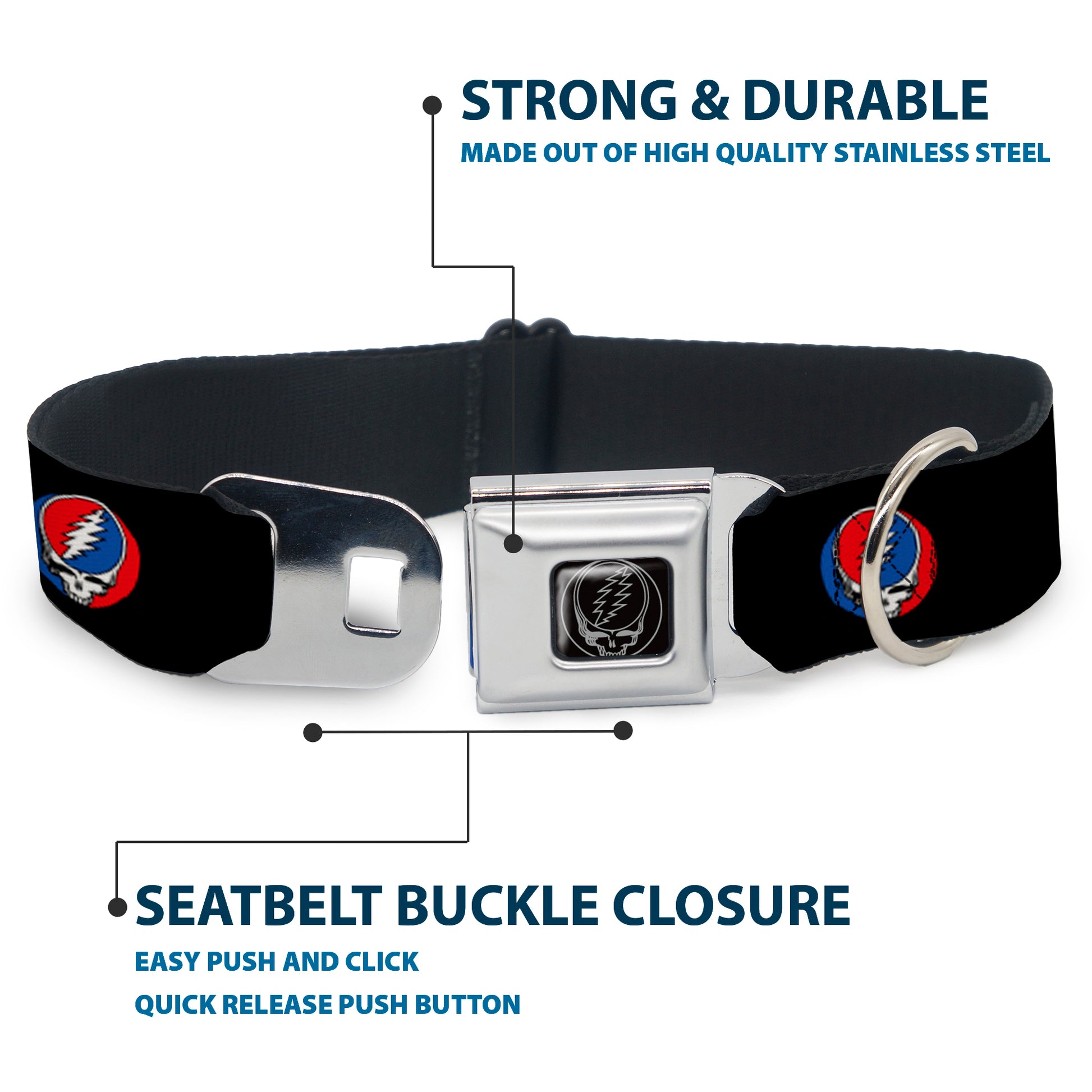 Steal Your Face Seatbelt Buckle Collar - Steal Your Face Repeat Black/Color Seatbelt Buckle Collars Grateful Dead