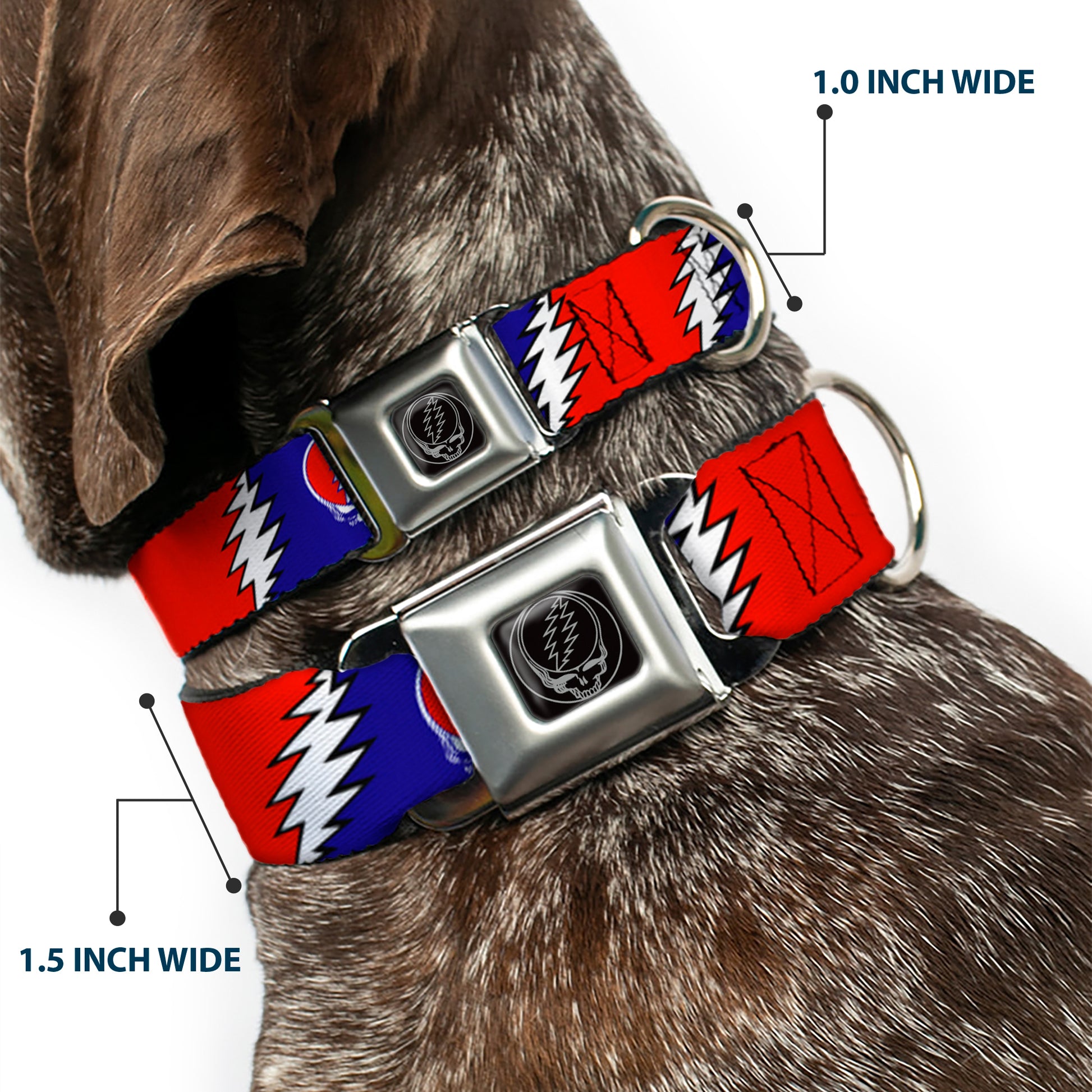Steal Your Face Seatbelt Buckle Collar - Steal Your Face w/Lightning Bolt Repeat Red/White/Blue Seatbelt Buckle Collars Grateful Dead