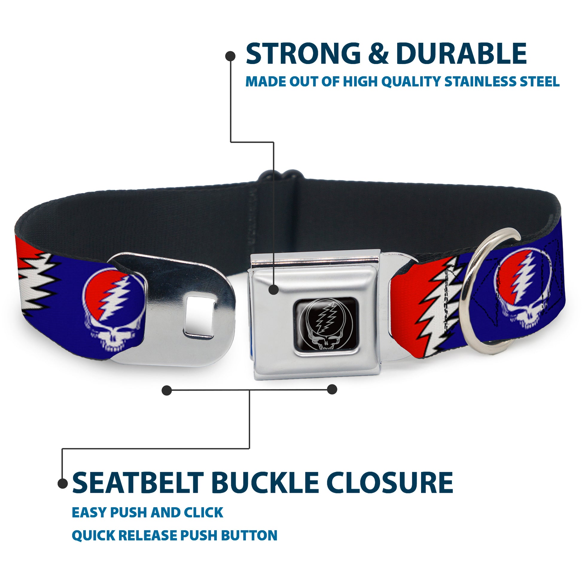 Steal Your Face Seatbelt Buckle Collar - Steal Your Face w/Lightning Bolt Repeat Red/White/Blue Seatbelt Buckle Collars Grateful Dead