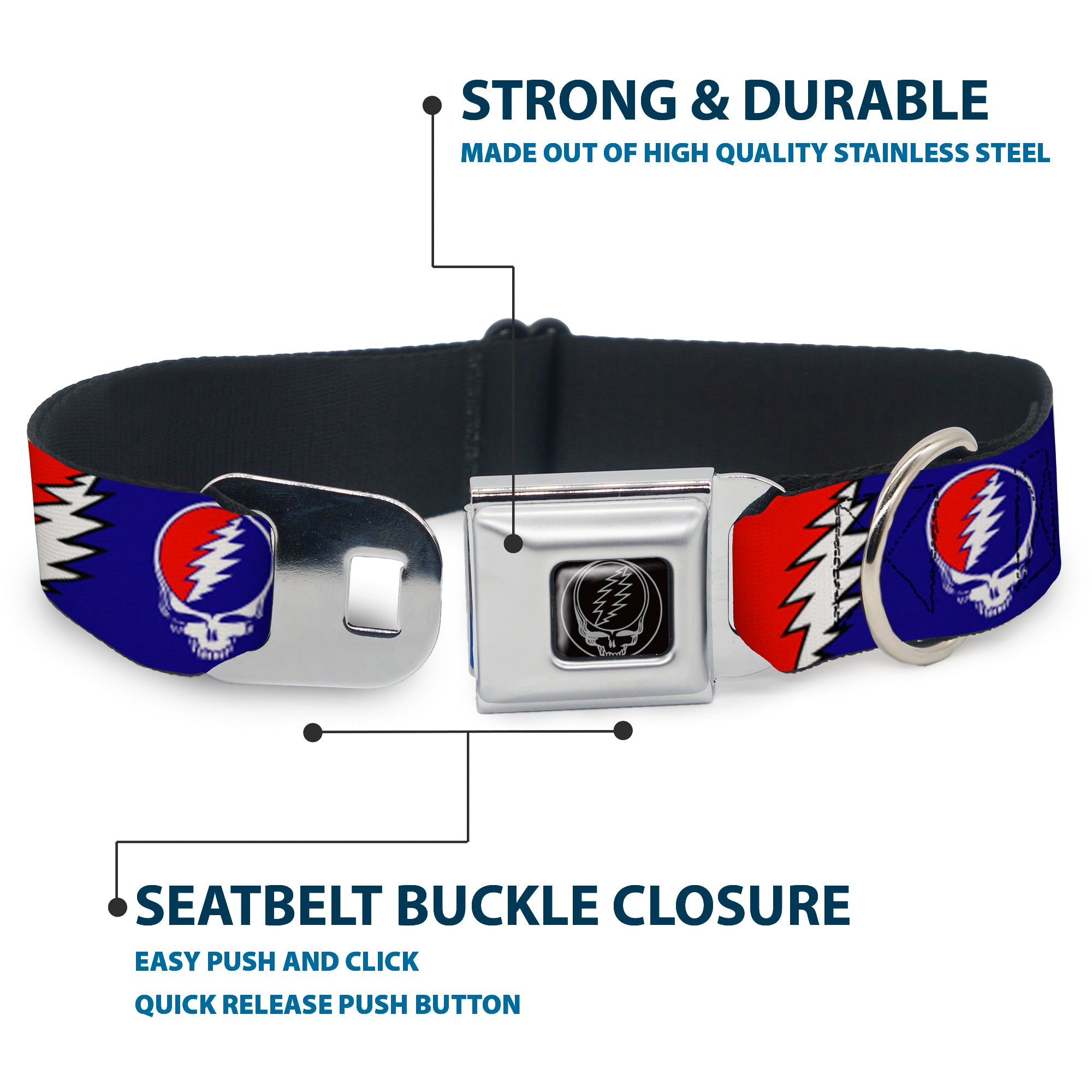 Steal Your Face Seatbelt Buckle Collar - Steal Your Face w/Lightning Bolt Repeat Red/White/Blue Seatbelt Buckle Collars Grateful Dead