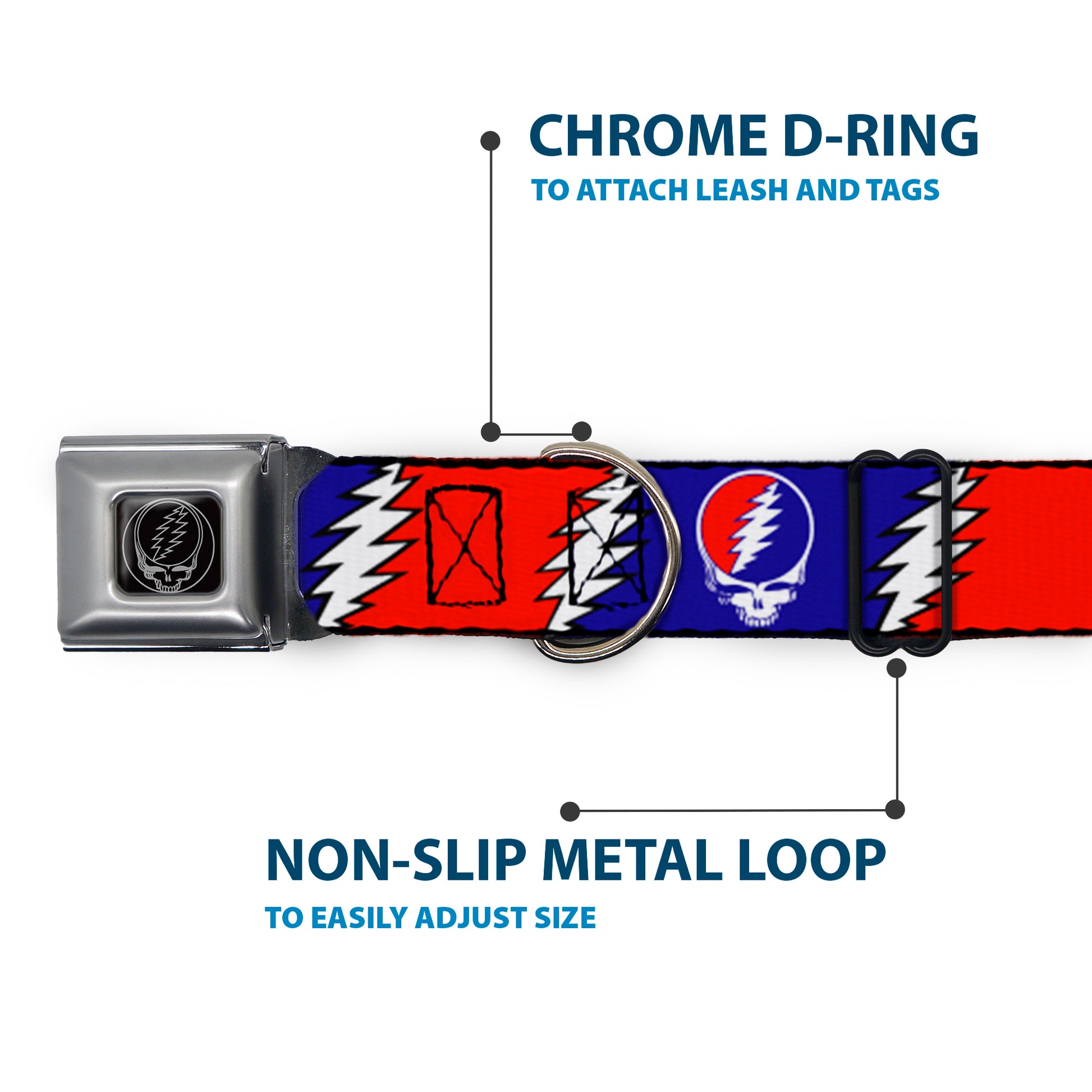 Steal Your Face Seatbelt Buckle Collar - Steal Your Face w/Lightning Bolt Repeat Red/White/Blue Seatbelt Buckle Collars Grateful Dead