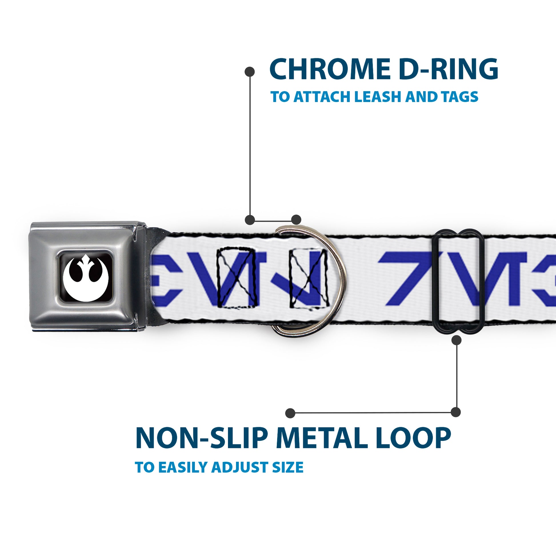 Star Wars Rebel Alliance Insignia Full Color Black/White Seatbelt Buckle Collar - Star Wars Aurebesh REBEL White/Blue Seatbelt Buckle Collars Star Wars