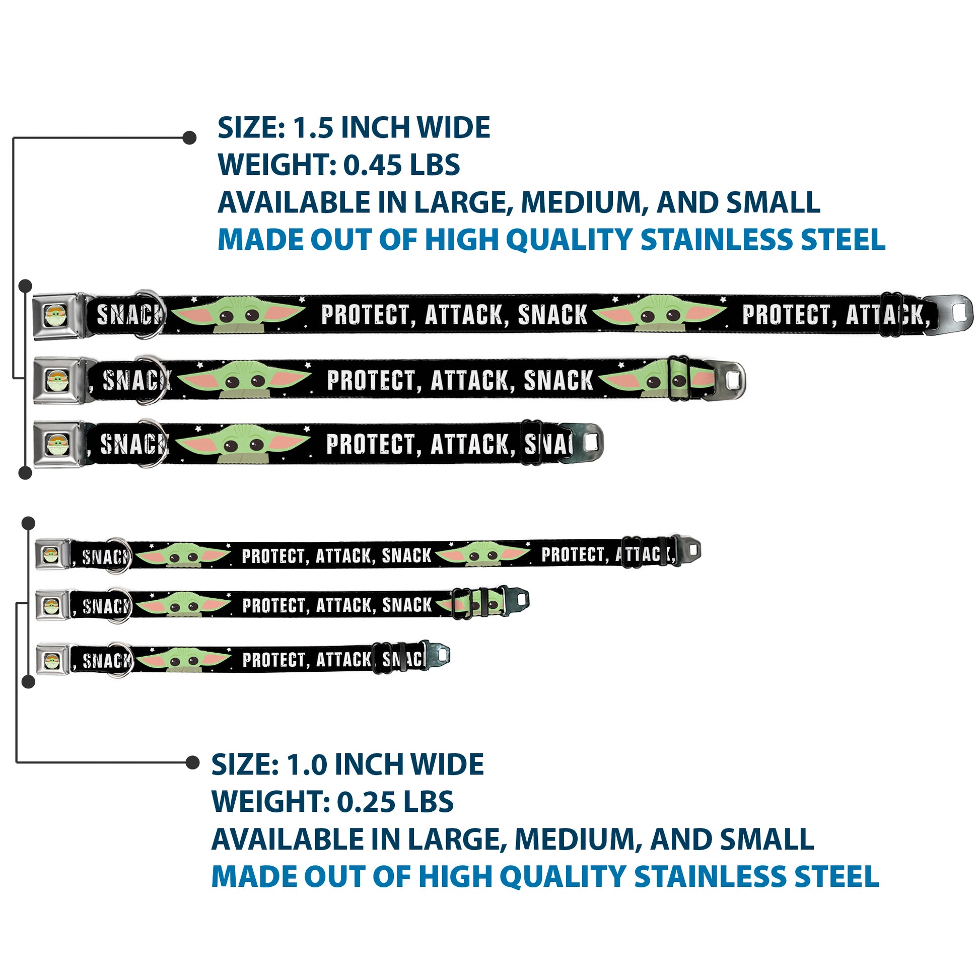 Star Wars The Child Chibi Pod Pose Full Color Black Seatbelt Buckle Collar - Star Wars The Child Chibi Face PROTECT ATTACK SNACK Black/White Seatbelt Buckle Collars Star Wars