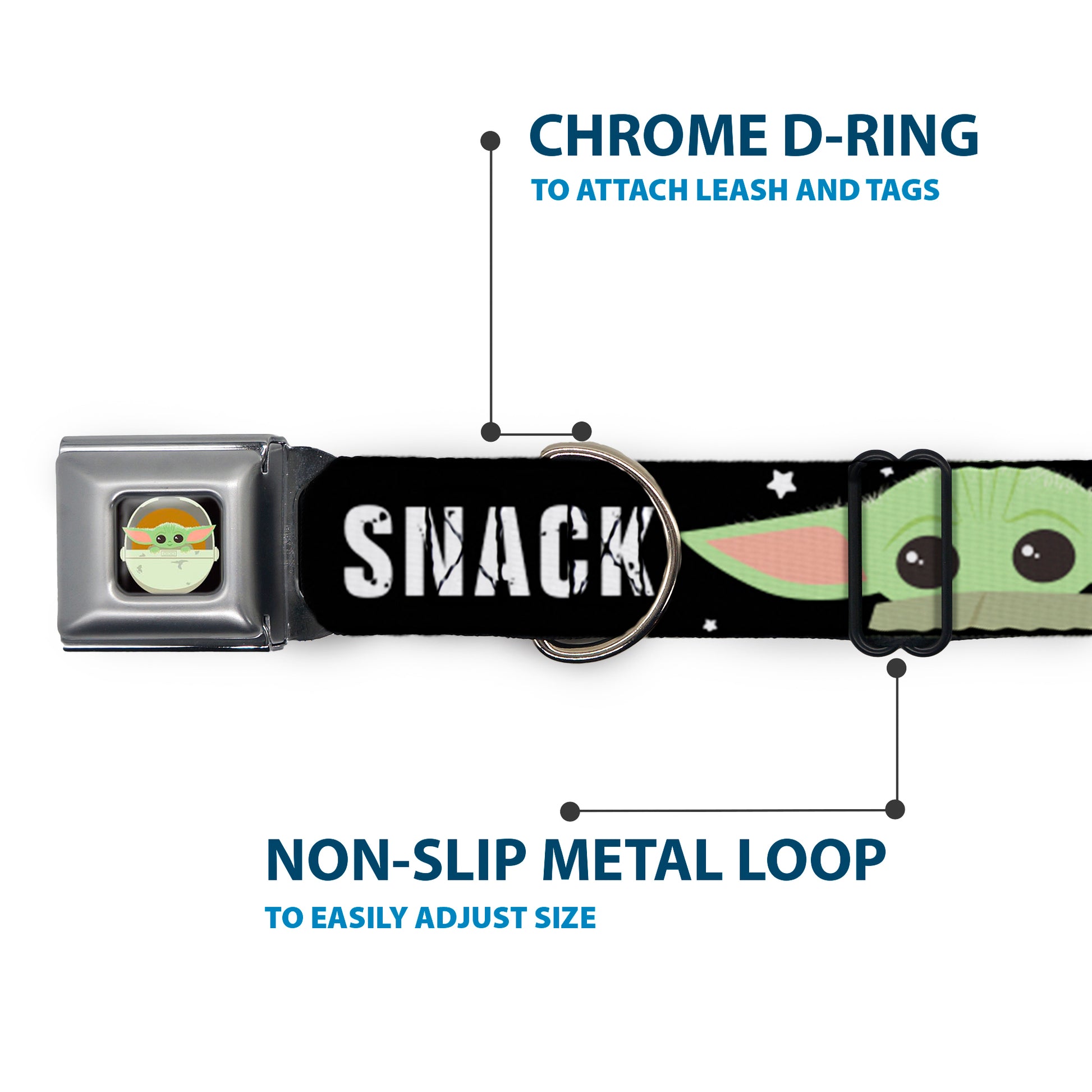 Star Wars The Child Chibi Pod Pose Full Color Black Seatbelt Buckle Collar - Star Wars The Child Chibi Face PROTECT ATTACK SNACK Black/White Seatbelt Buckle Collars Star Wars