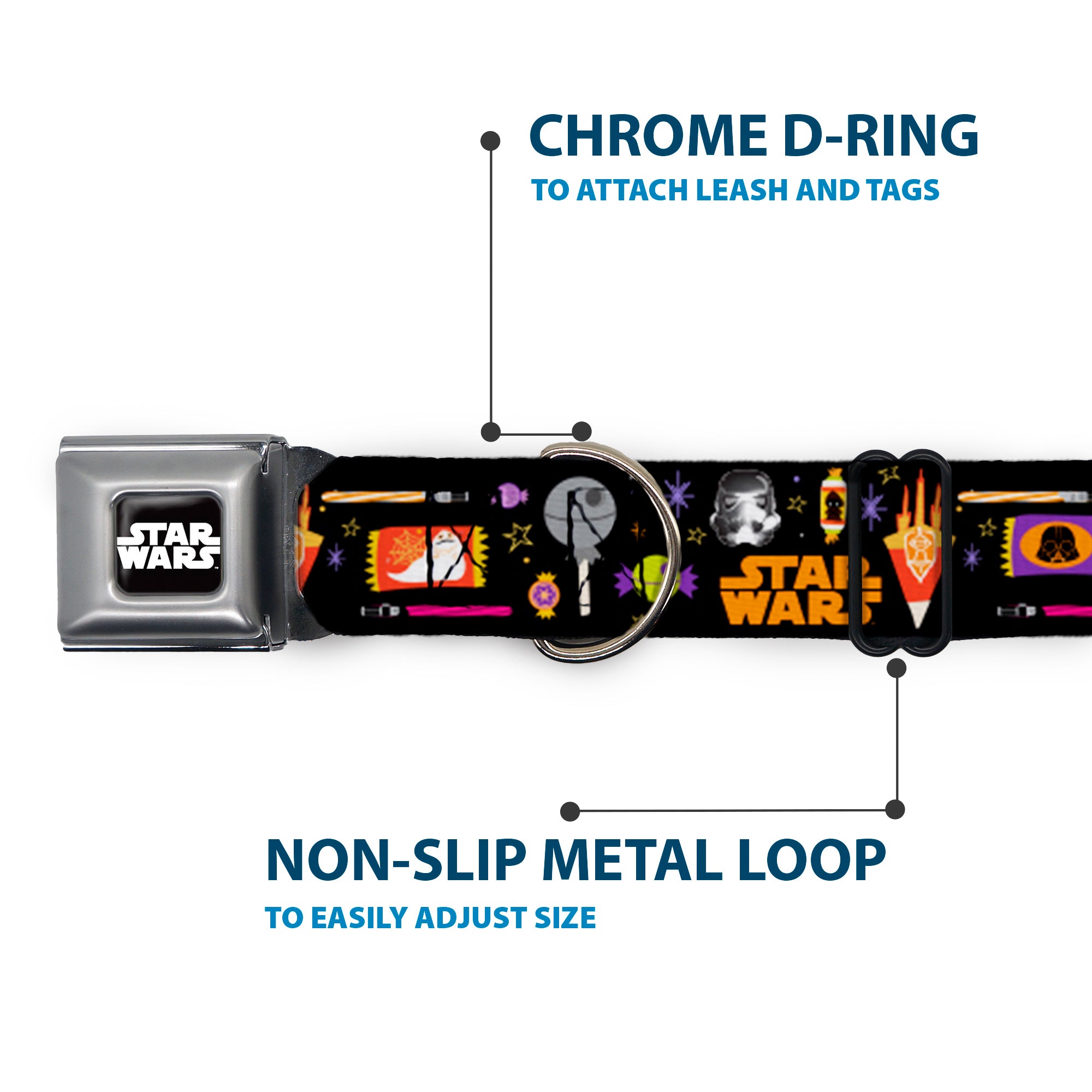 STAR WARS Logo Black/White Seatbelt Buckle Collar - Star Wars Festive Candy Icons Collage Black/Multi Color Seatbelt Buckle Collars Star Wars