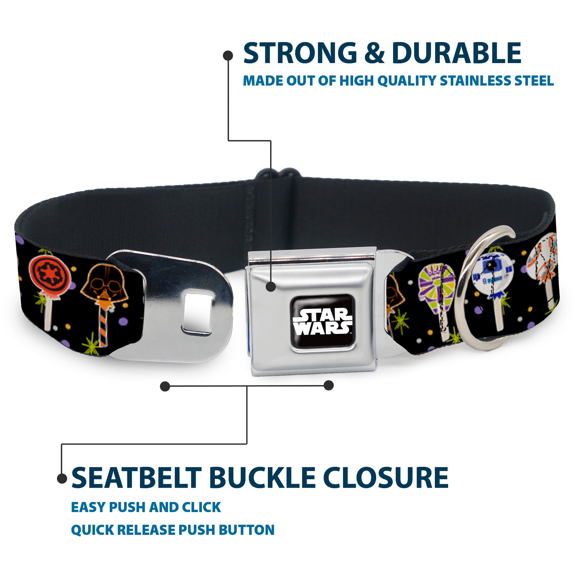 STAR WARS Logo Black/White Seatbelt Buckle Collar - Star Wars Festive Lollipop Icons Black/Multi Color Seatbelt Buckle Collars Star Wars