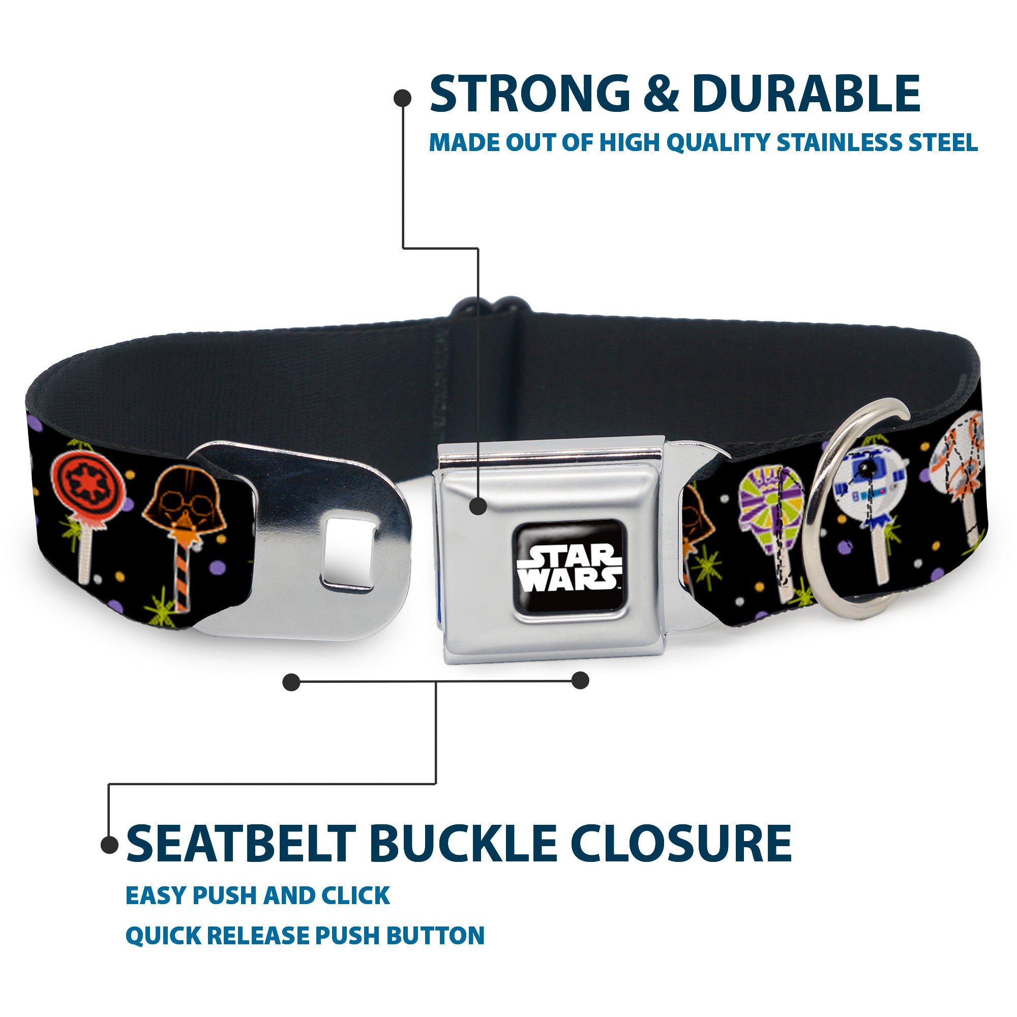 STAR WARS Logo Black/White Seatbelt Buckle Collar - Star Wars Festive Lollipop Icons Black/Multi Color Seatbelt Buckle Collars Star Wars