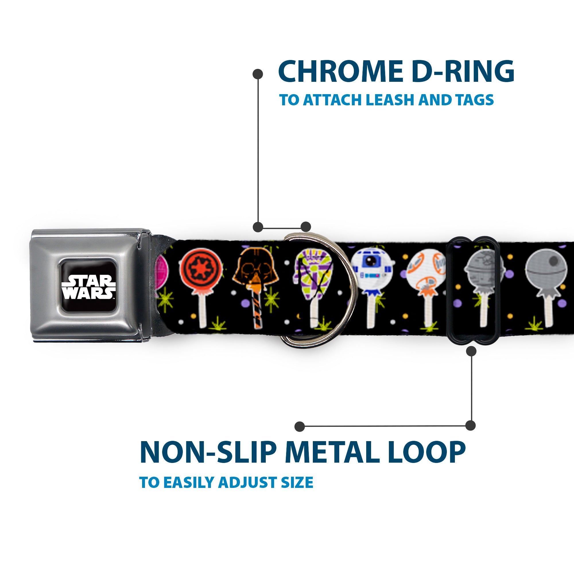 STAR WARS Logo Black/White Seatbelt Buckle Collar - Star Wars Festive Lollipop Icons Black/Multi Color Seatbelt Buckle Collars Star Wars