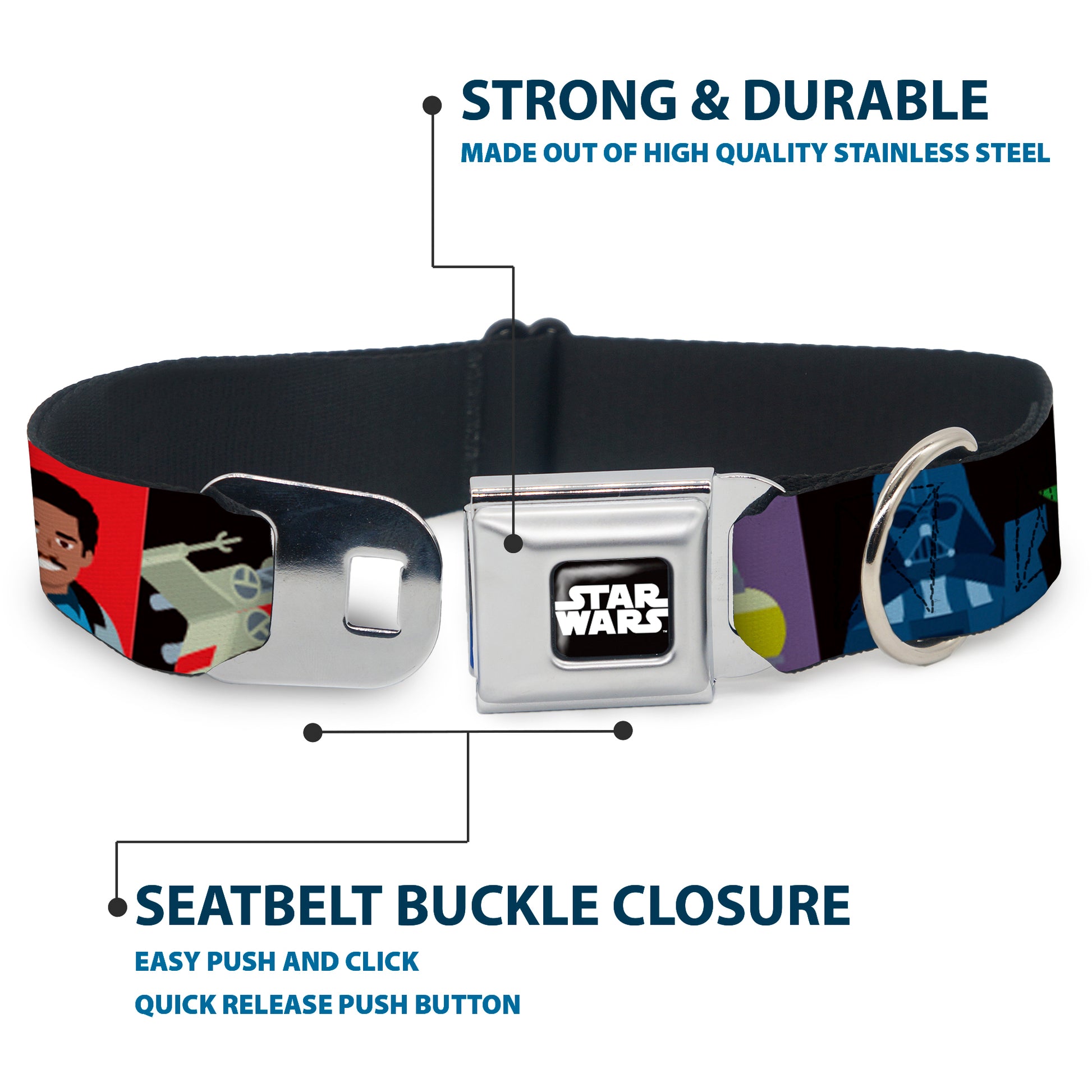 STAR WARS Logo Full Color Black/White Seatbelt Buckle Collar - Star Wars Classic 16-Character Pose Blocks Multi Color Seatbelt Buckle Collars Star Wars