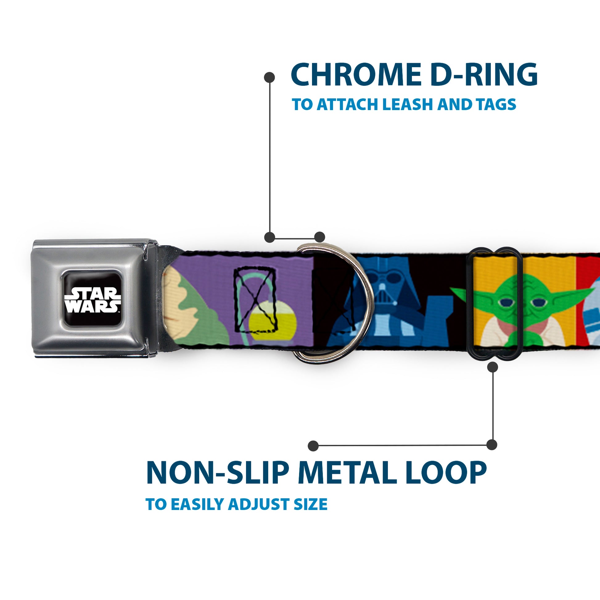 STAR WARS Logo Full Color Black/White Seatbelt Buckle Collar - Star Wars Classic 16-Character Pose Blocks Multi Color Seatbelt Buckle Collars Star Wars