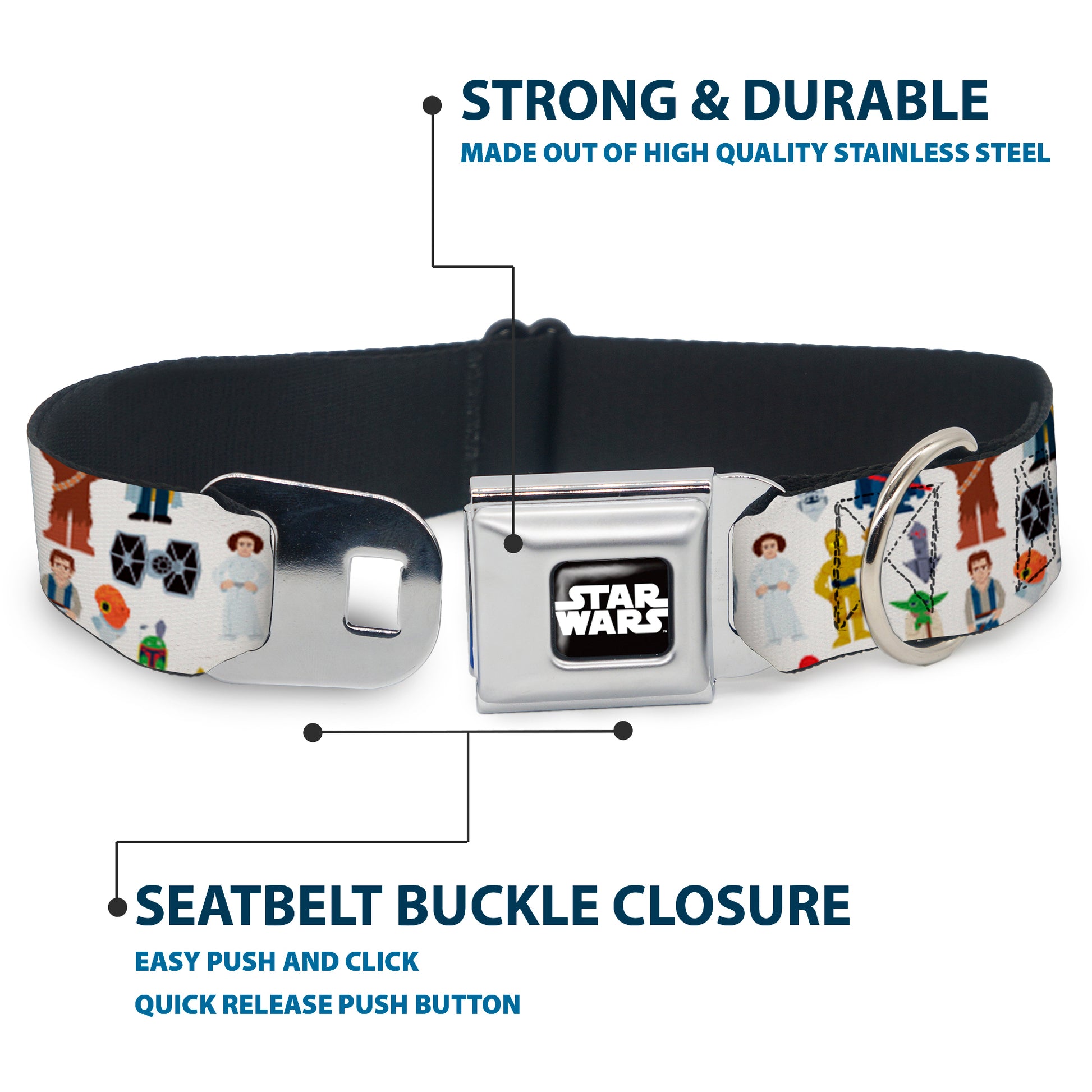 STAR WARS Logo Full Color Black/White Seatbelt Buckle Collar - Star Wars Classic Characters and Icons Collage White Seatbelt Buckle Collars Star Wars
