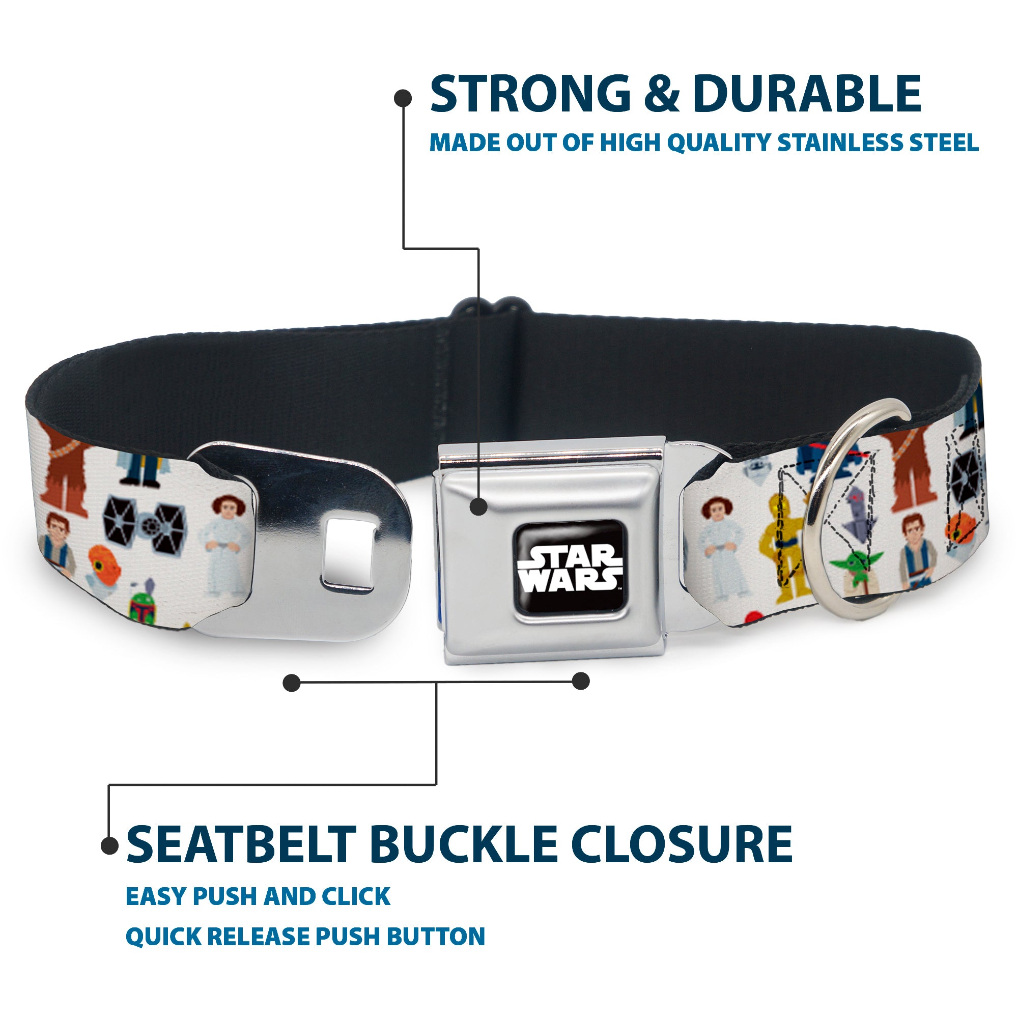 STAR WARS Logo Full Color Black/White Seatbelt Buckle Collar - Star Wars Classic Characters and Icons Collage White Seatbelt Buckle Collars Star Wars