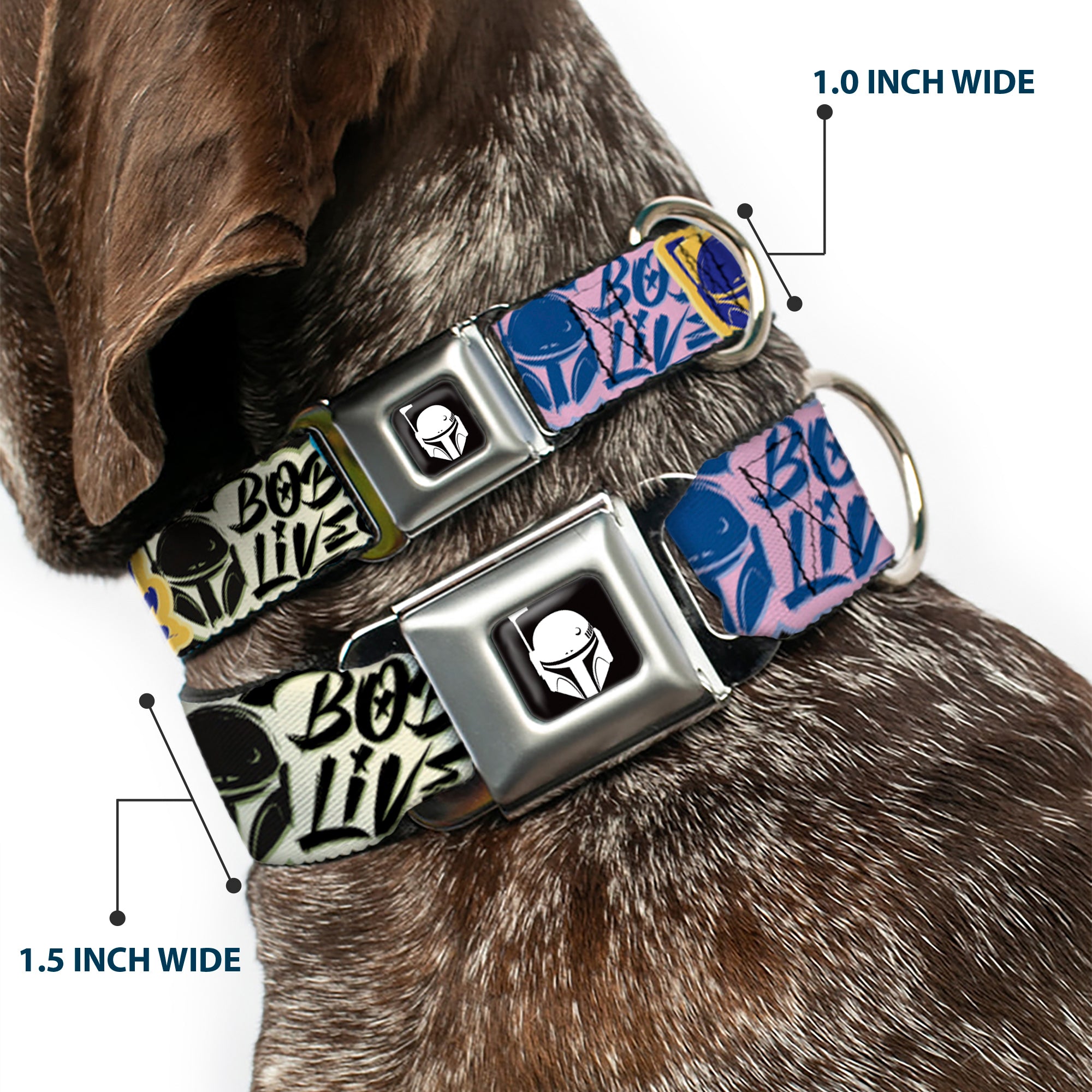 Star Wars Boba Fett Helmet Logo Full Color Black/White Seatbelt Buckle Collar - Boba Fett BOBA LIVES Graffiti Stacked Multi Color Seatbelt Buckle Collars Star Wars
