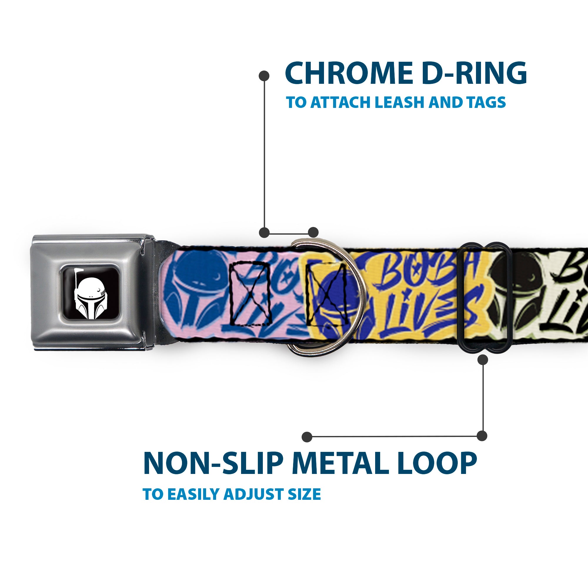 Star Wars Boba Fett Helmet Logo Full Color Black/White Seatbelt Buckle Collar - Boba Fett BOBA LIVES Graffiti Stacked Multi Color Seatbelt Buckle Collars Star Wars