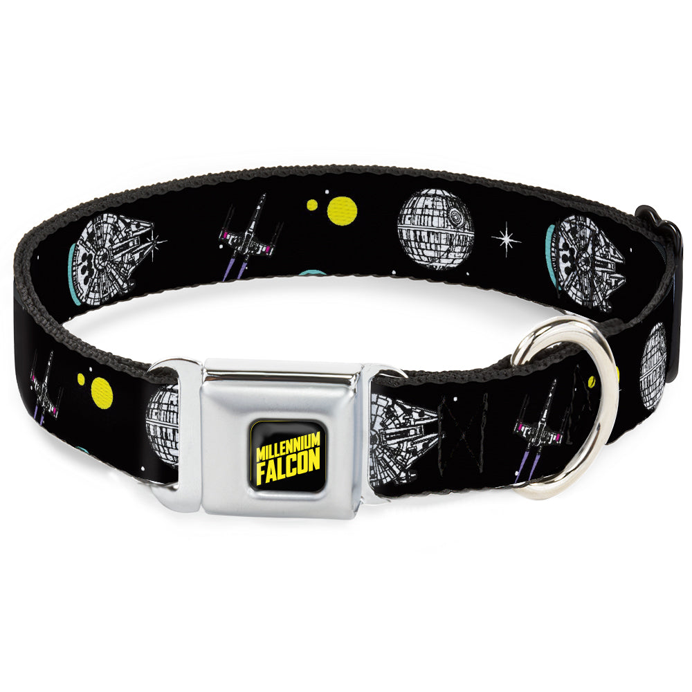 Star Wars MILLINNIUM FALCON Text Full Color Black/Yellow Seatbelt Buckle Collar - Star Wars Death Star Millennium Falcon and X-Wing Fighter in Space Black Seatbelt Buckle Collars Star Wars