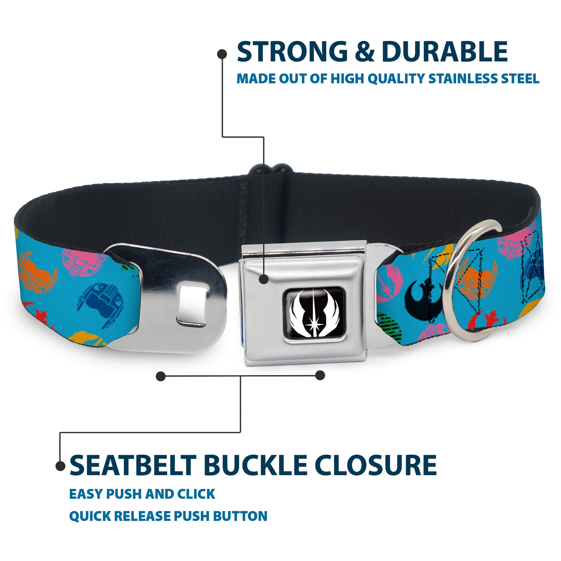 Star Wars Jedi Order Icon Full Color Black/White Seatbelt Buckle Collar - Star Wars Jedi Order and Rebel Alliance Icons Scattered Blue/Multi Color Seatbelt Buckle Collars Star Wars