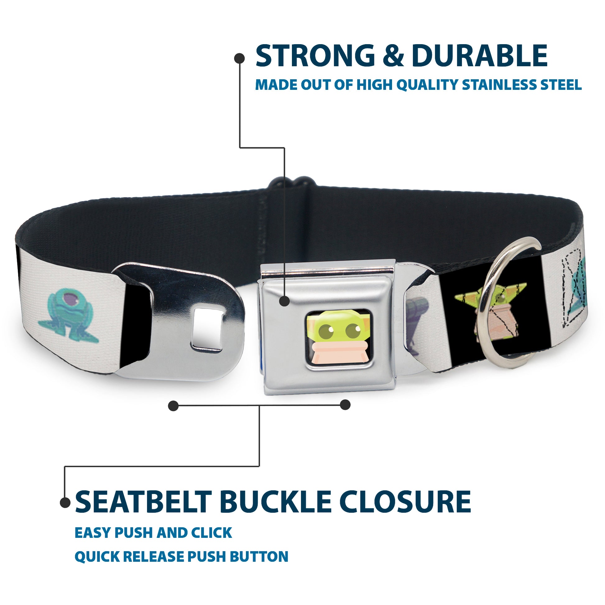 Star Wars Grogu Face Close-Up Full Color Black Seatbelt Buckle Collar - Star Wars Mandalorian 4-Character Pose Blocks Seatbelt Buckle Collars Star Wars