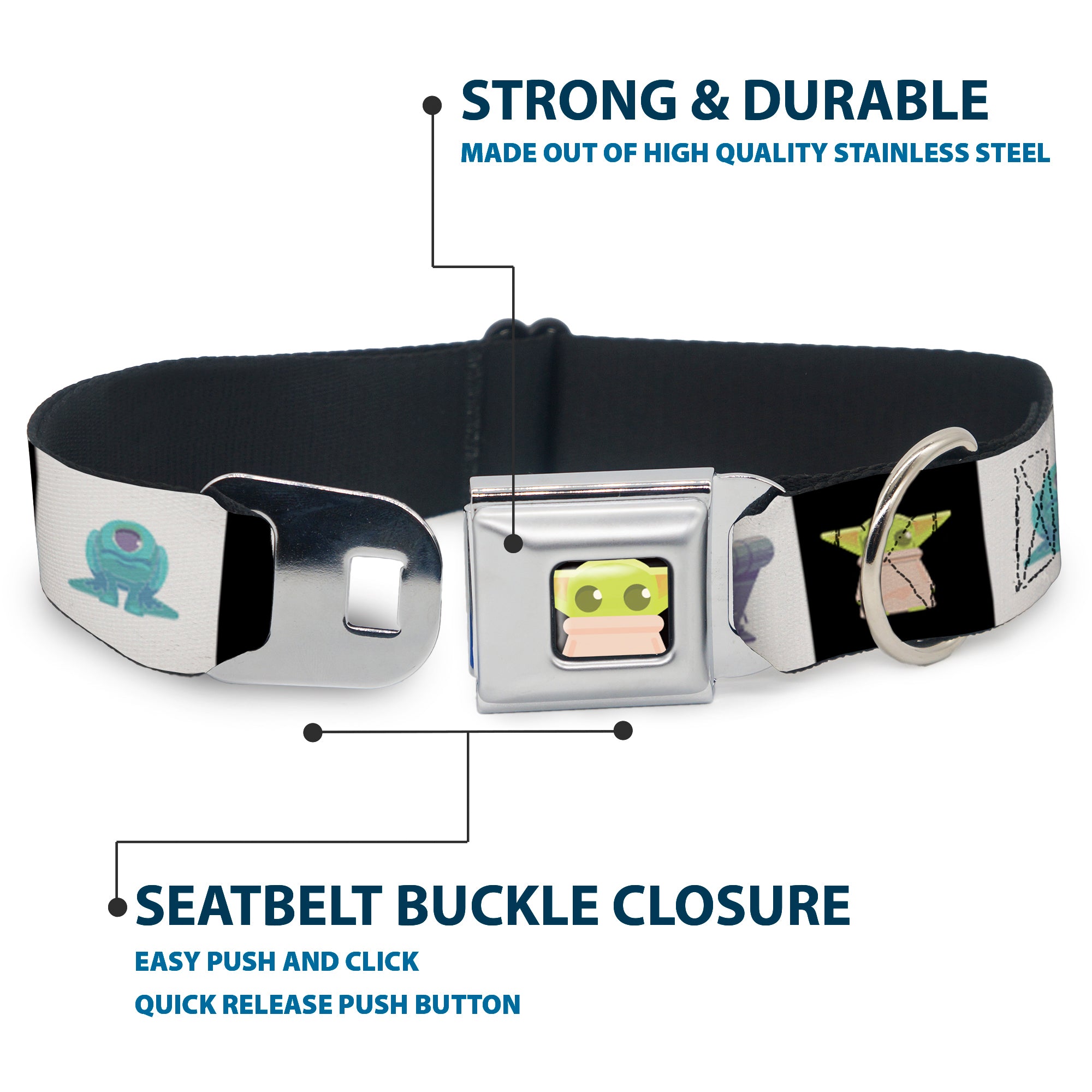 Star Wars Grogu Face Close-Up Full Color Black Seatbelt Buckle Collar - Star Wars Mandalorian 4-Character Pose Blocks Seatbelt Buckle Collars Star Wars