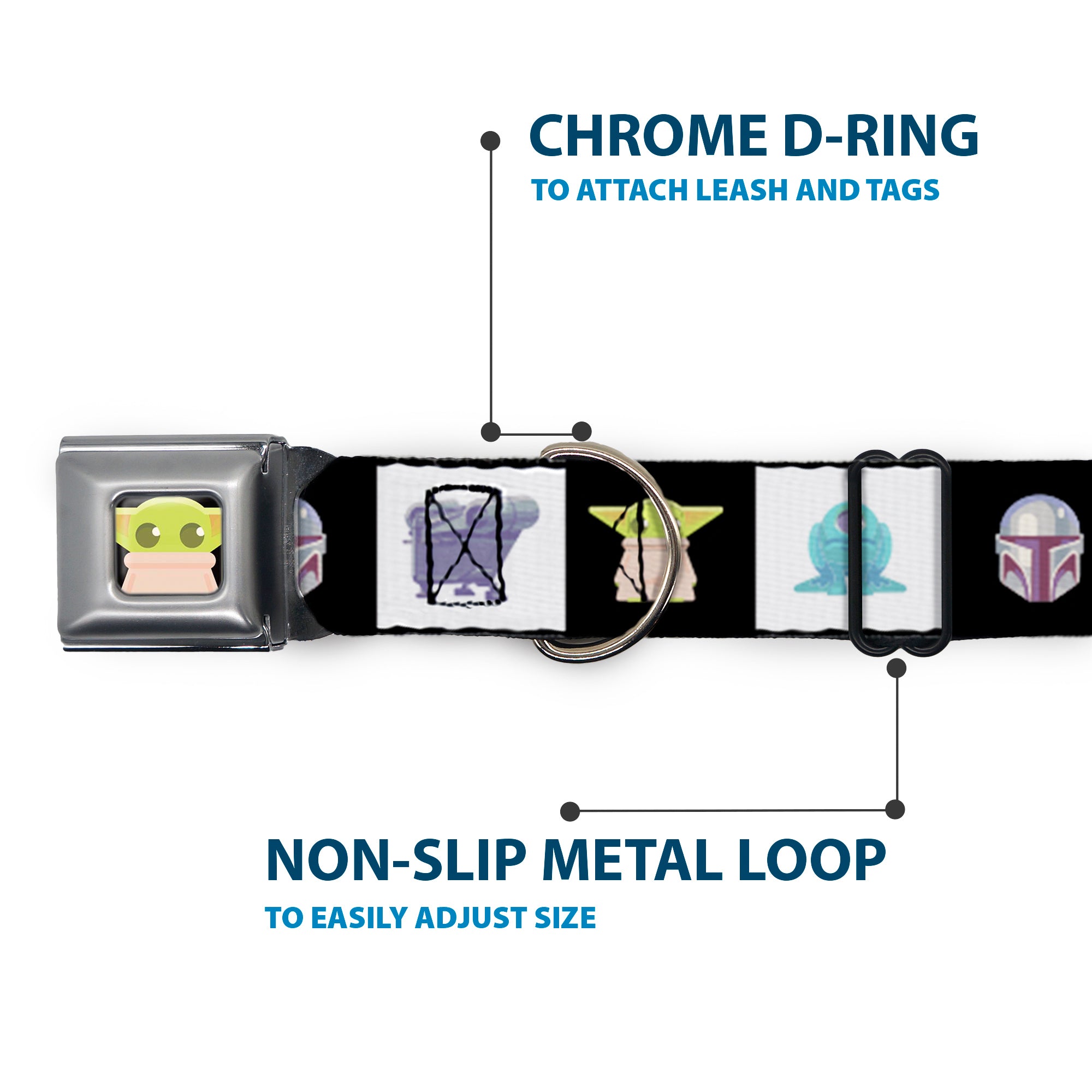 Star Wars Grogu Face Close-Up Full Color Black Seatbelt Buckle Collar - Star Wars Mandalorian 4-Character Pose Blocks Seatbelt Buckle Collars Star Wars