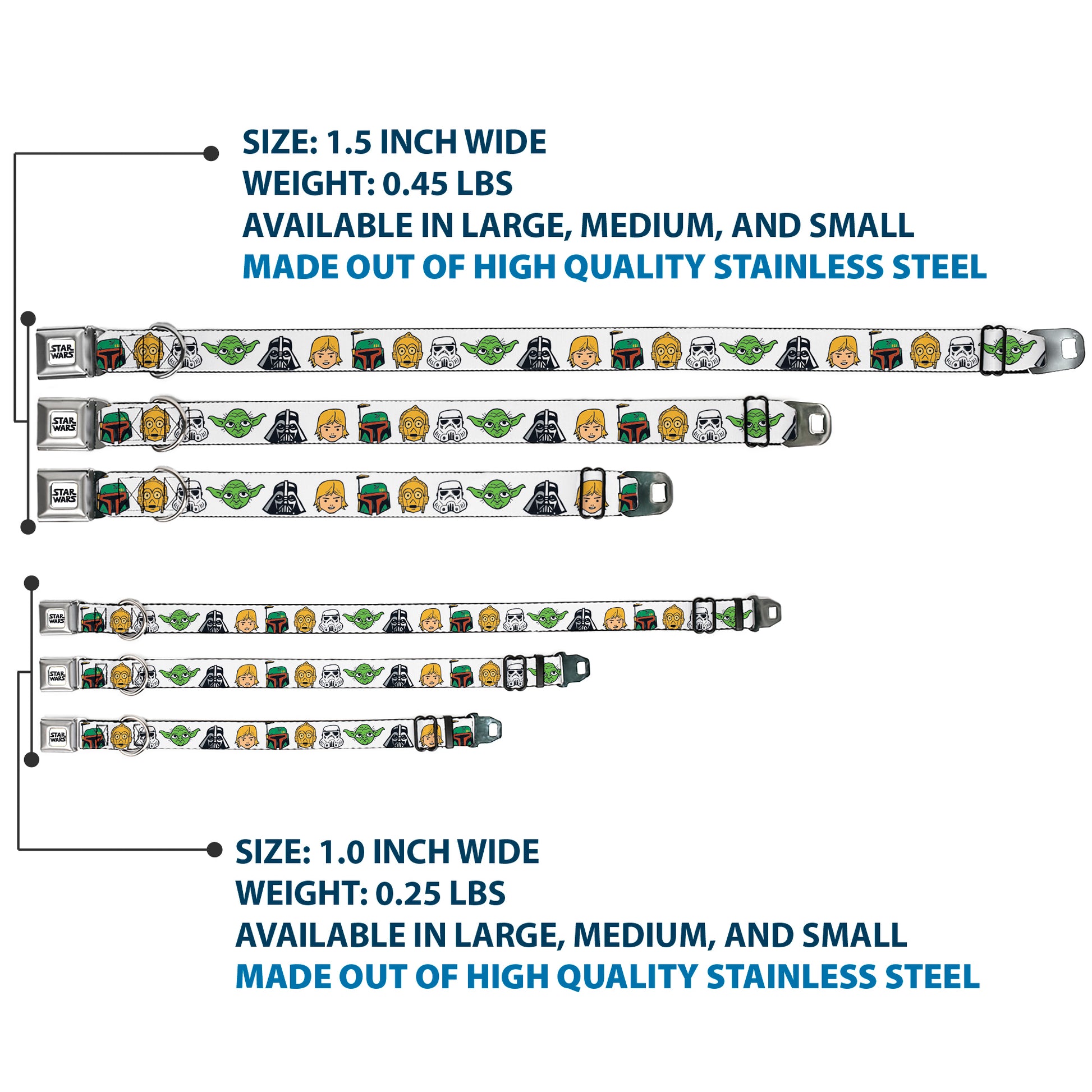 STAR WARS Doodle Logo Full Color White/Black Seatbelt Buckle Collar - Star Wars 6-Character Faces White Seatbelt Buckle Collars Star Wars