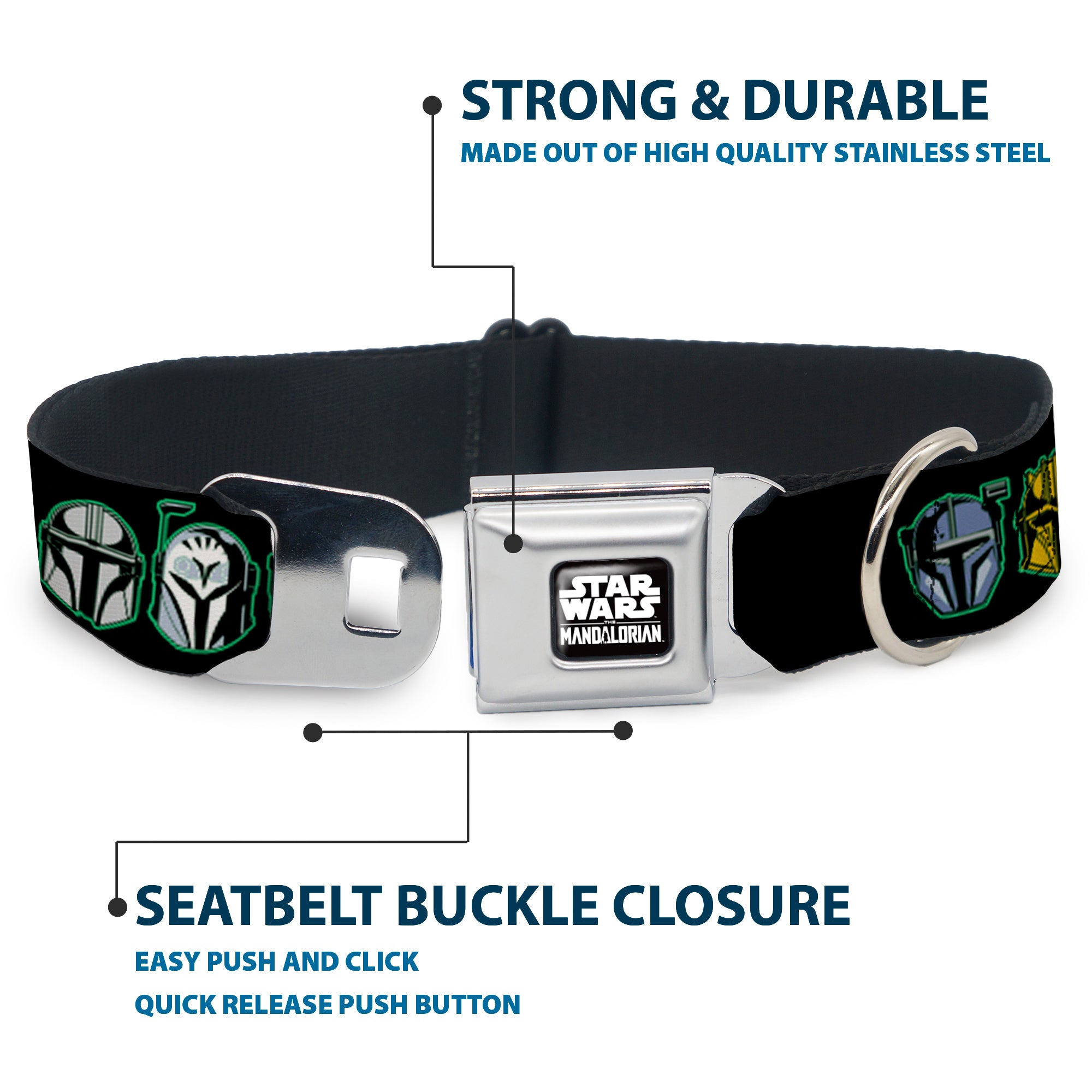 STAR THE MANDALORAIN Title Logo Full Color Black/White Seatbelt Buckle Collar - Star Wars the Mandalorian Helmets Black/Multi Color Seatbelt Buckle Collars Star Wars