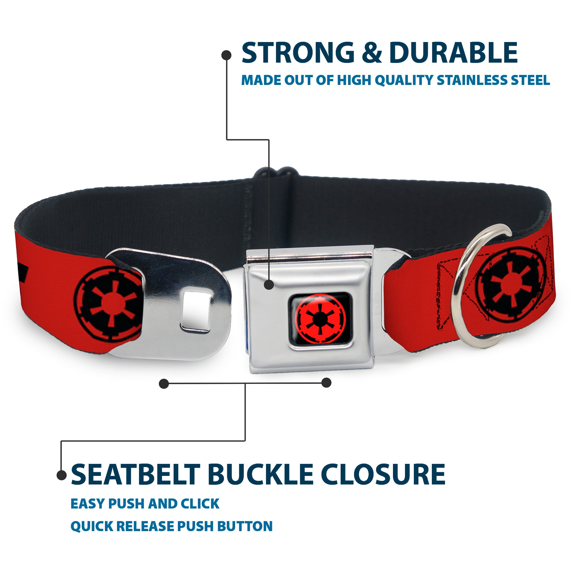Star Wars Galactic Empire Insignia Full Color Black/Red Seatbelt Buckle Collar - Star Wars DARTH VADER Text and Galactic Empire Logo Red/Black Seatbelt Buckle Collars Star Wars